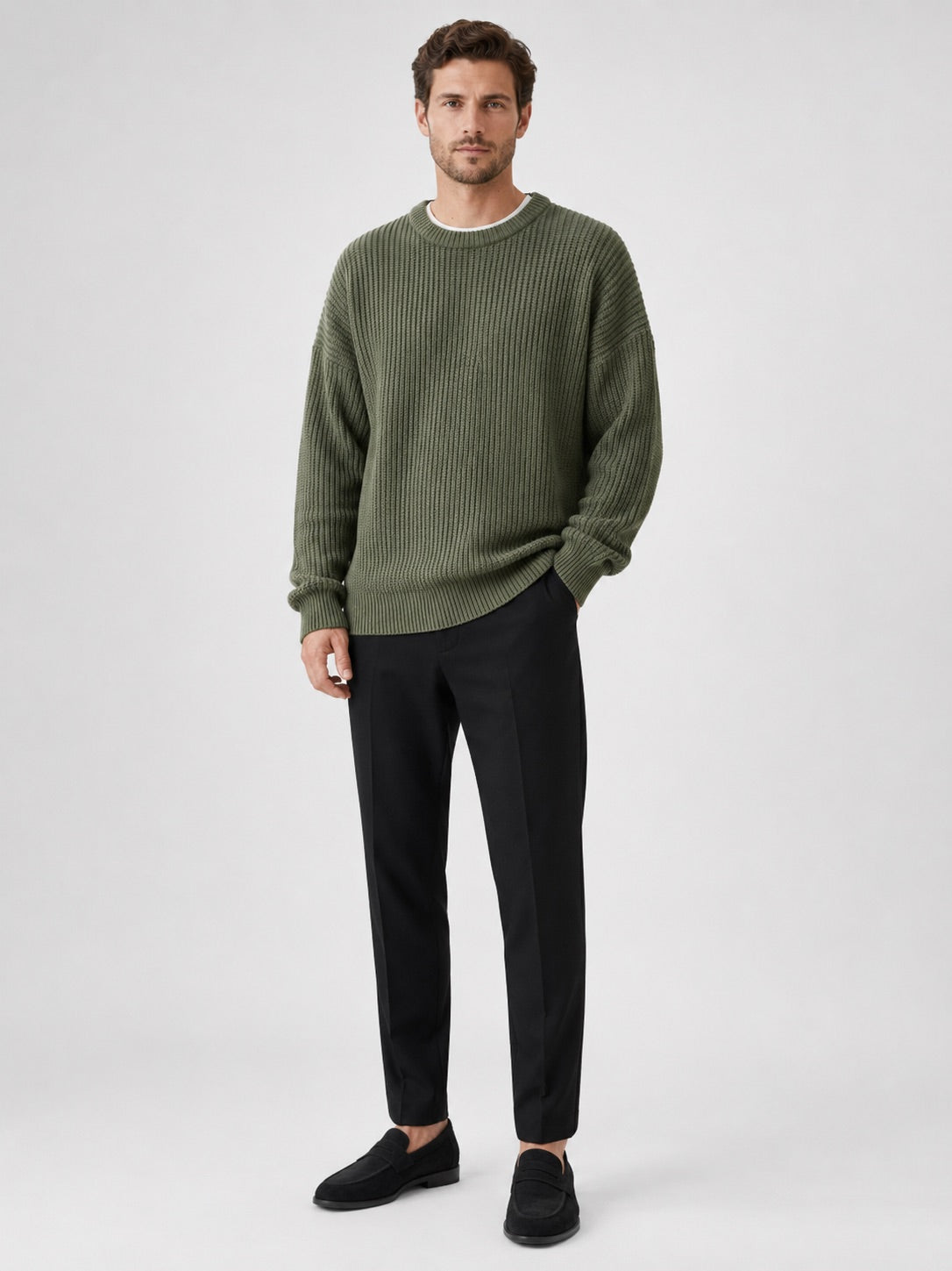 Men’s Crewneck Jumper Loose Fit Solid Colour Autumn Pullover for Business Casual and Everyday Wear