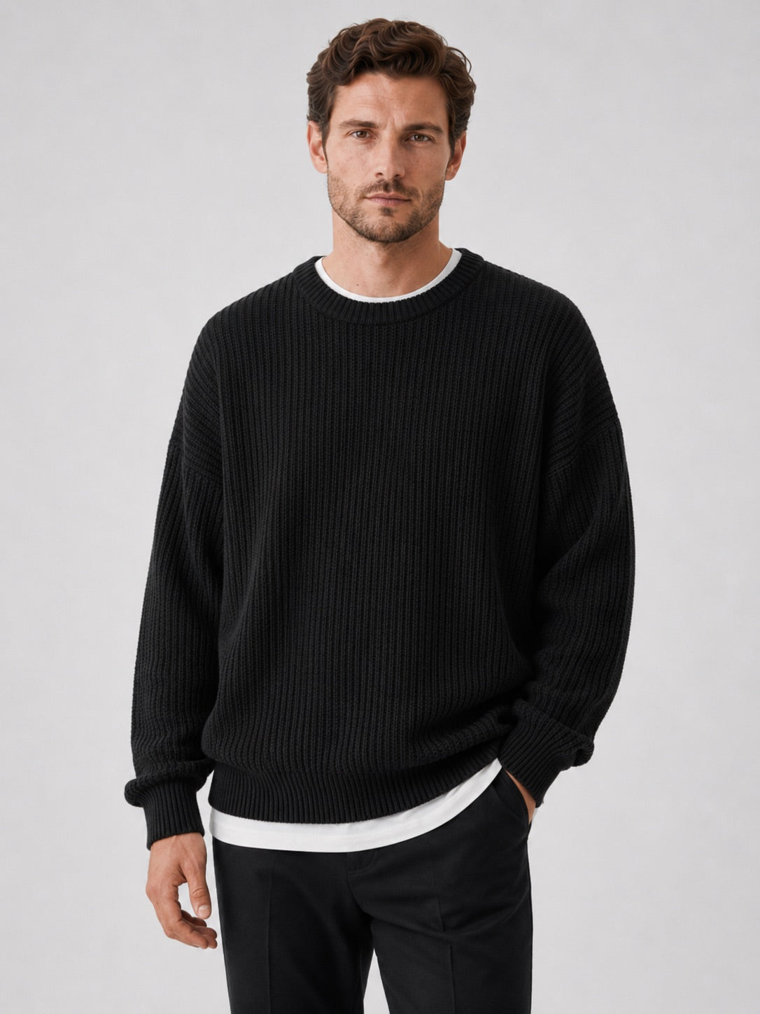Men’s Crewneck Jumper Loose Fit Solid Colour Autumn Pullover for Business Casual and Everyday Wear