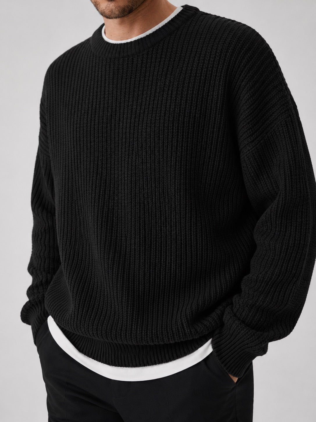 Men’s Crewneck Jumper Loose Fit Solid Colour Autumn Pullover for Business Casual and Everyday Wear