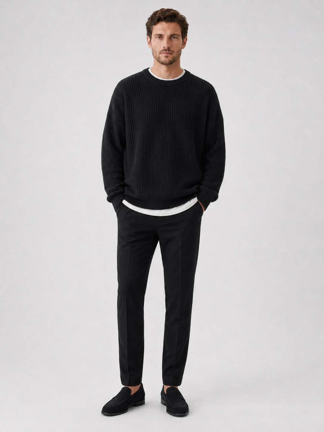 Men’s Crewneck Jumper Loose Fit Solid Colour Autumn Pullover for Business Casual and Everyday Wear