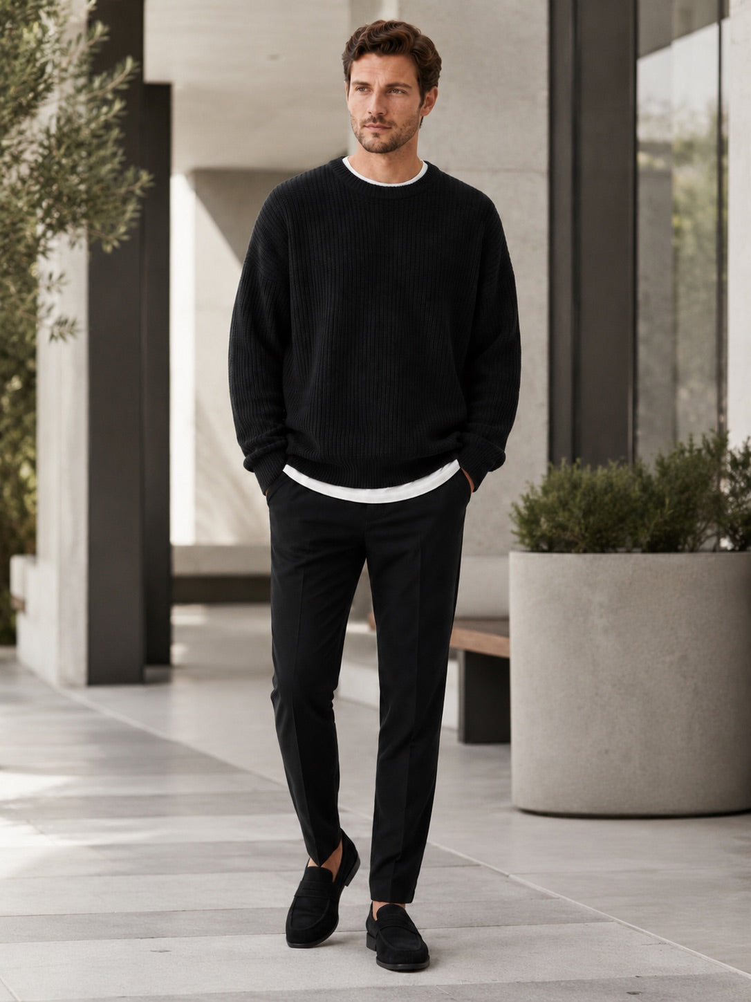 Men’s Crewneck Jumper Loose Fit Solid Colour Autumn Pullover for Business Casual and Everyday Wear