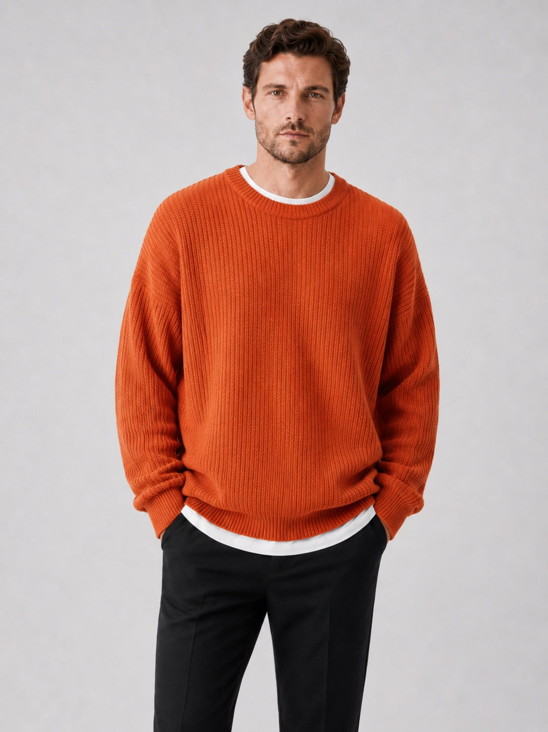 Men’s Crewneck Jumper Loose Fit Solid Colour Autumn Pullover for Business Casual and Everyday Wear