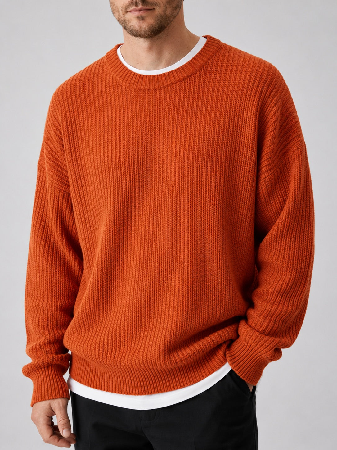 Men’s Crewneck Jumper Loose Fit Solid Colour Autumn Pullover for Business Casual and Everyday Wear