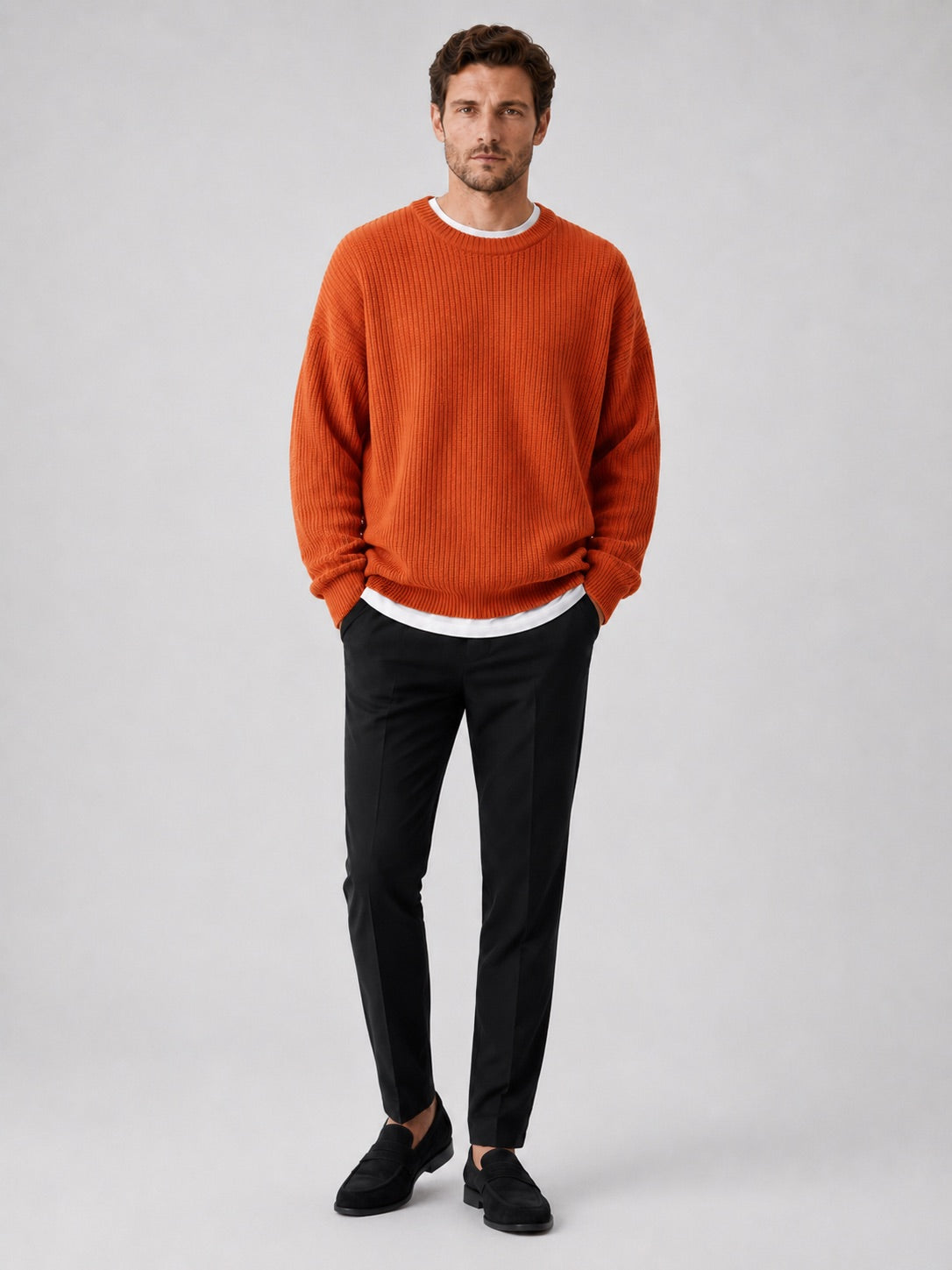 Men’s Crewneck Jumper Loose Fit Solid Colour Autumn Pullover for Business Casual and Everyday Wear