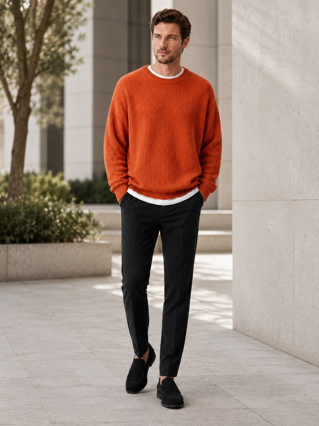 Men’s Crewneck Jumper Loose Fit Solid Colour Autumn Pullover for Business Casual and Everyday Wear