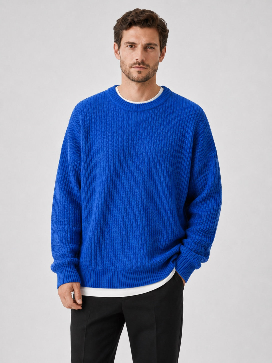 Men’s Crewneck Jumper Loose Fit Solid Colour Autumn Pullover for Business Casual and Everyday Wear