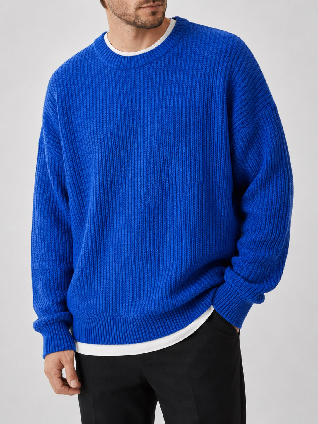 Men’s Crewneck Jumper Loose Fit Solid Colour Autumn Pullover for Business Casual and Everyday Wear