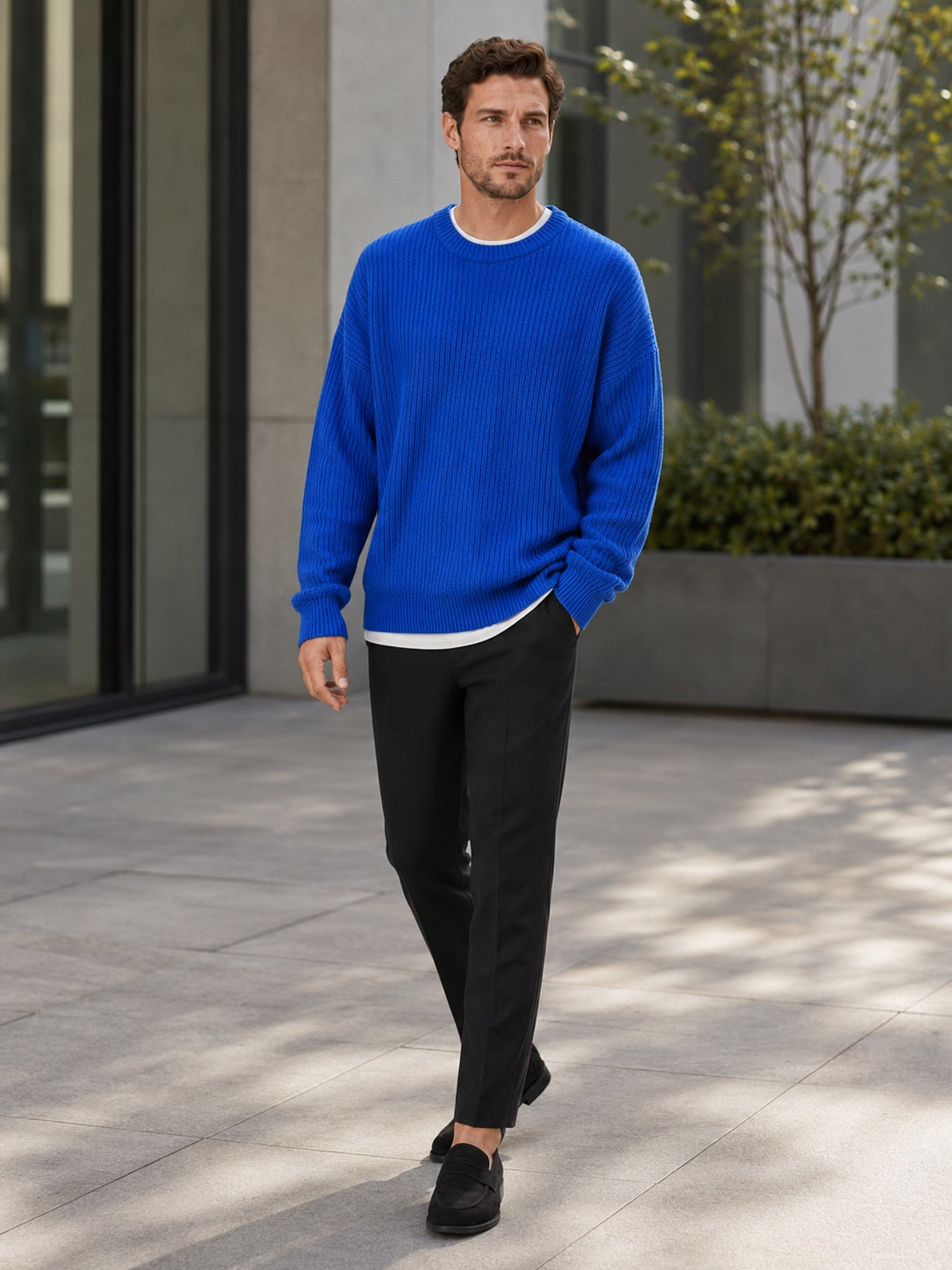Men’s Crewneck Jumper Loose Fit Solid Colour Autumn Pullover for Business Casual and Everyday Wear