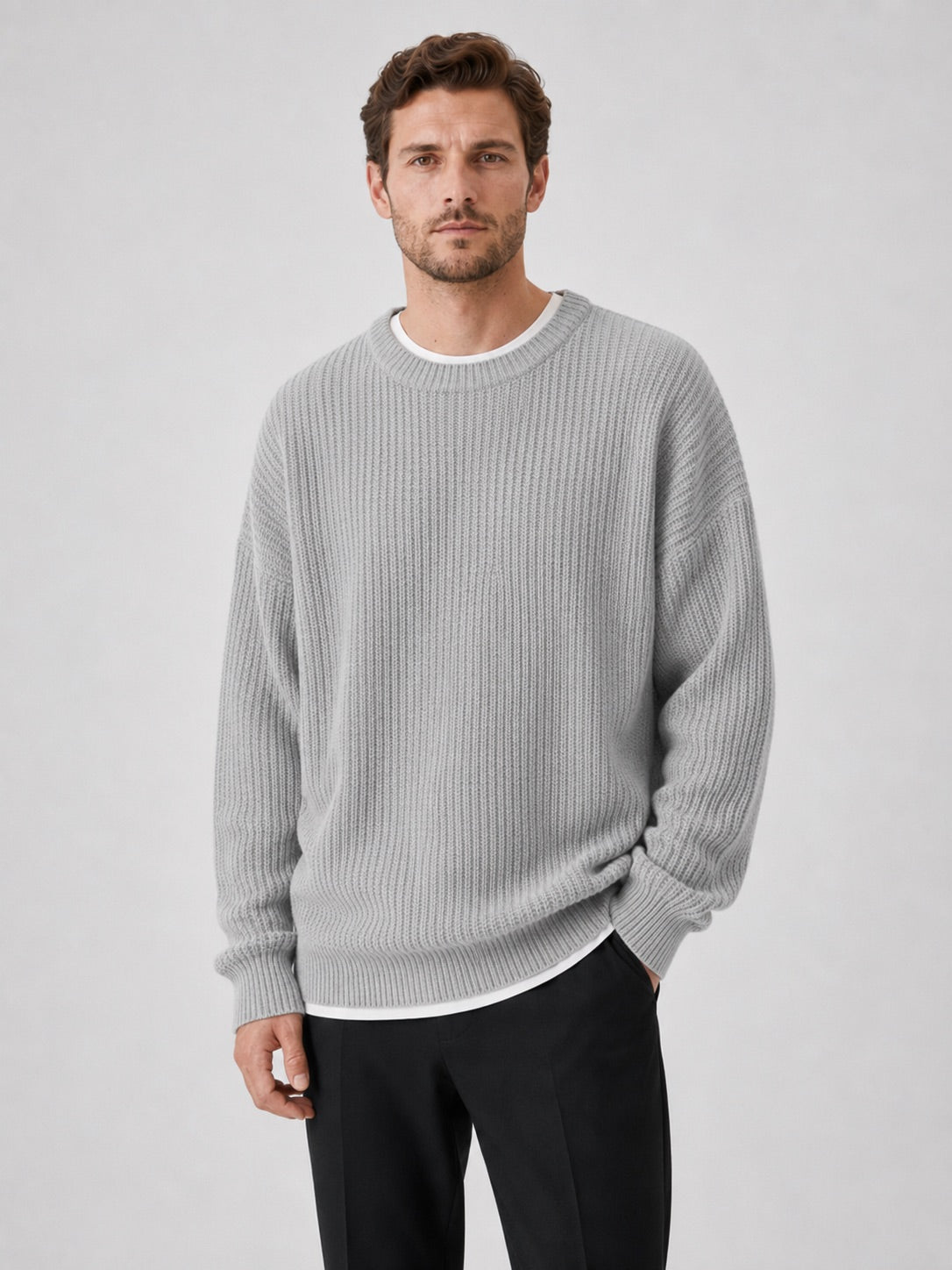 Men’s Crewneck Jumper Loose Fit Solid Colour Autumn Pullover for Business Casual and Everyday Wear