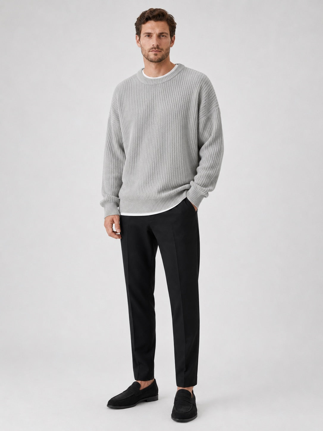 Men’s Crewneck Jumper Loose Fit Solid Colour Autumn Pullover for Business Casual and Everyday Wear