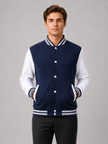 Men’s Varsity Jacket Fleece Lined Colour Block Button Front Autumn Winter Baseball Jacket for Casual and Everyday Wear