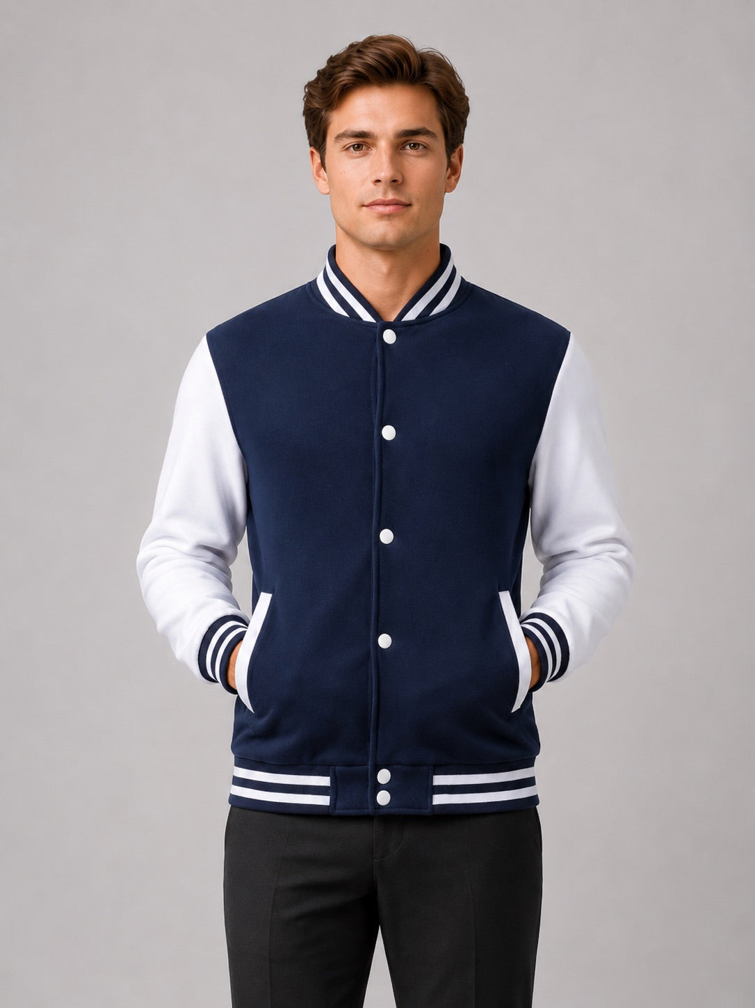 Men’s Varsity Jacket Fleece Lined Colour Block Button Front Autumn Winter Baseball Jacket for Casual and Everyday Wear