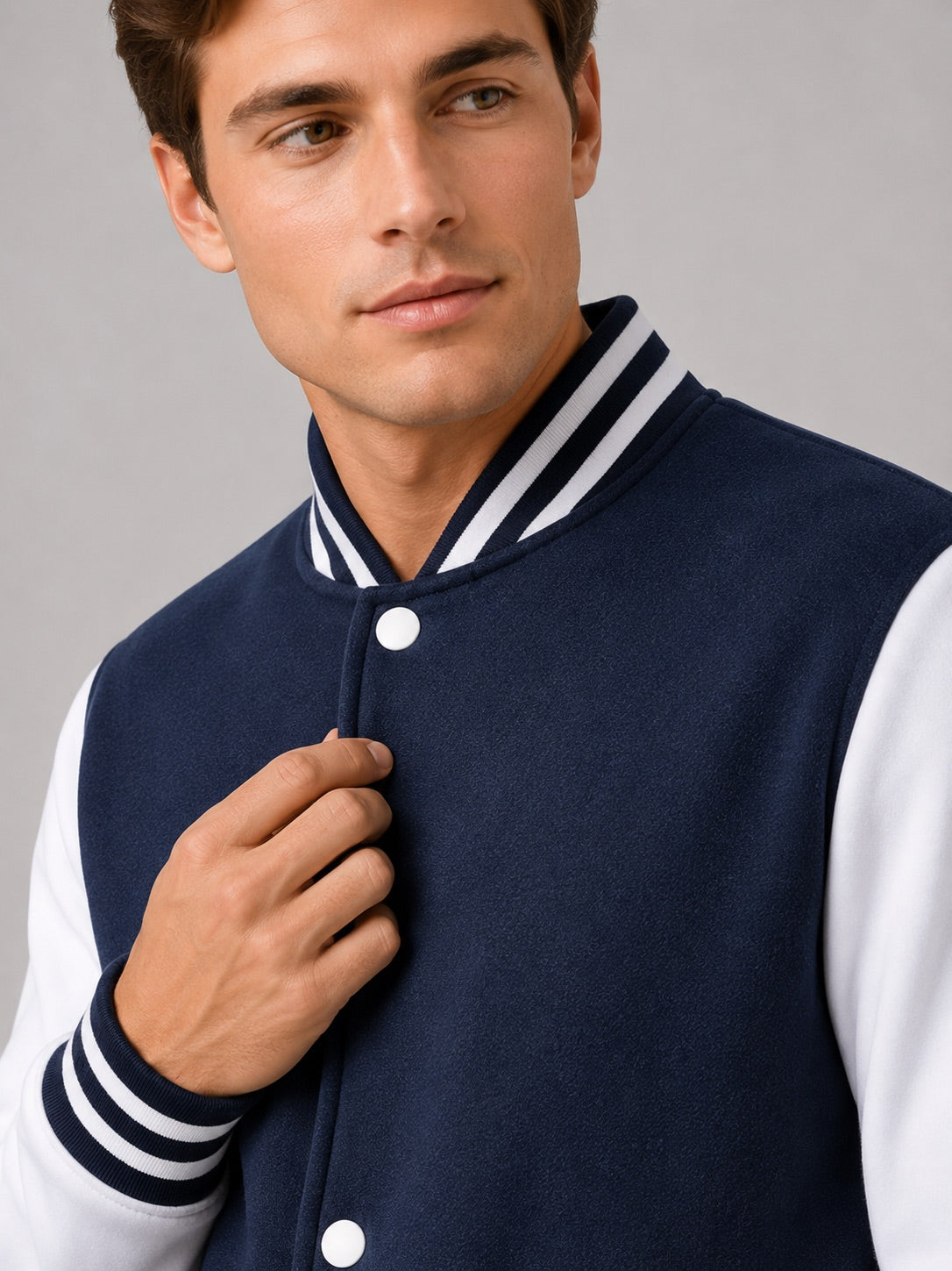 Men’s Varsity Jacket Fleece Lined Colour Block Button Front Autumn Winter Baseball Jacket for Casual and Everyday Wear