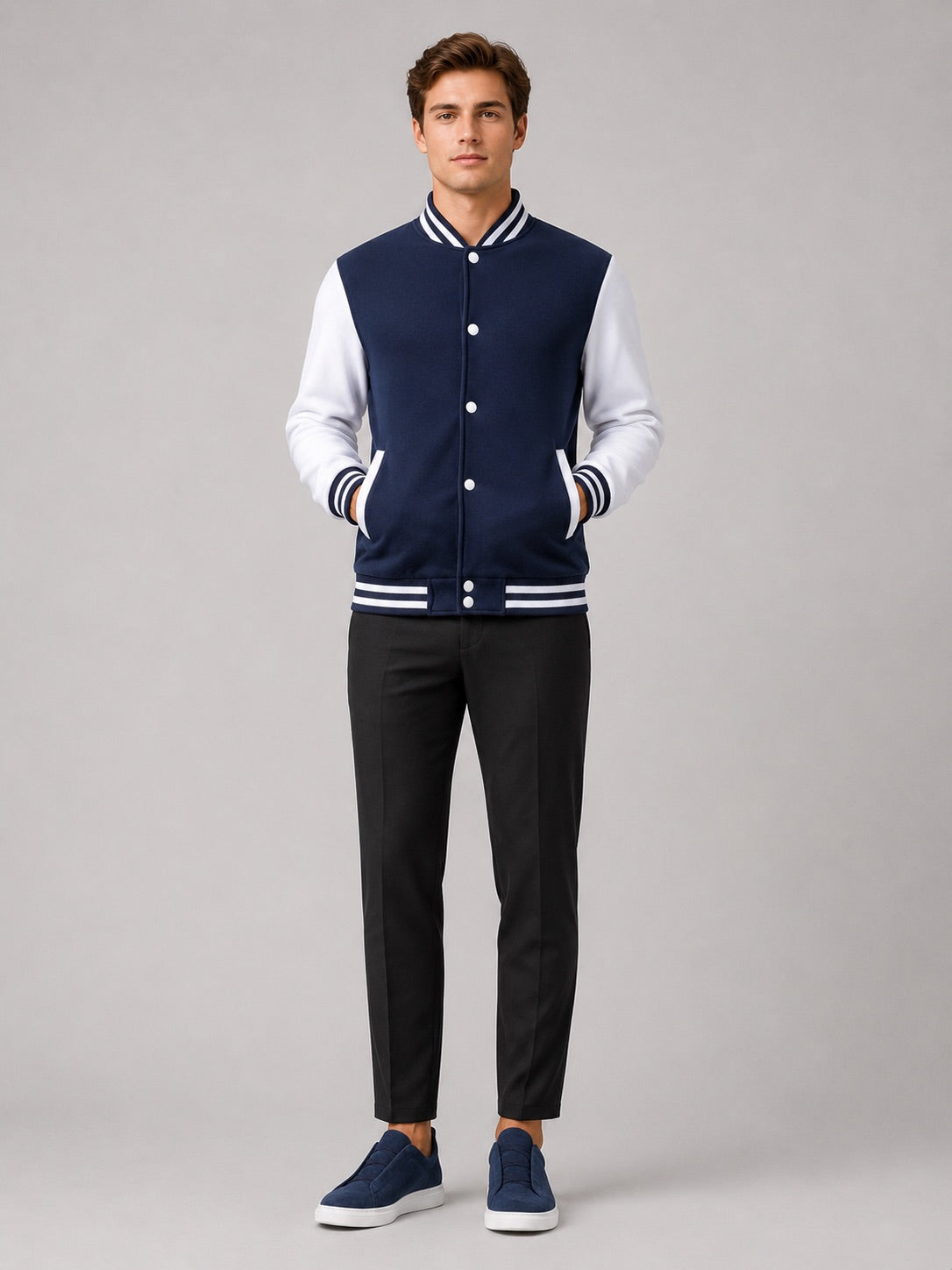 Men’s Varsity Jacket Fleece Lined Colour Block Button Front Autumn Winter Baseball Jacket for Casual and Everyday Wear