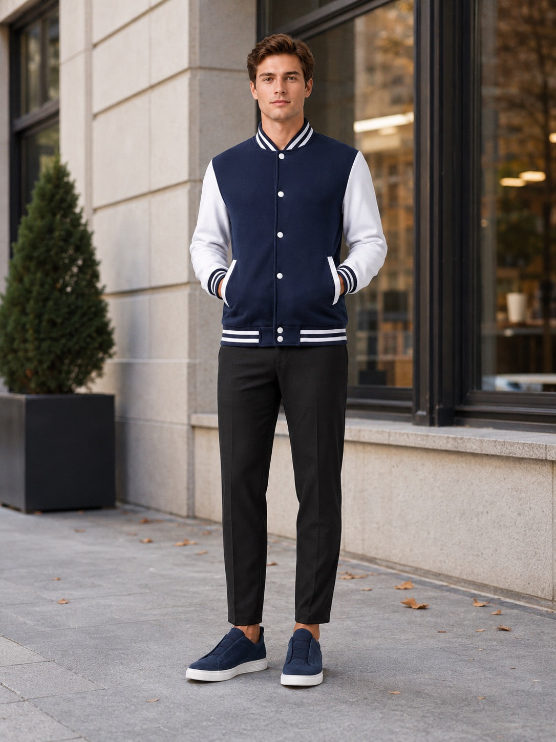 Men’s Varsity Jacket Fleece Lined Colour Block Button Front Autumn Winter Baseball Jacket for Casual and Everyday Wear