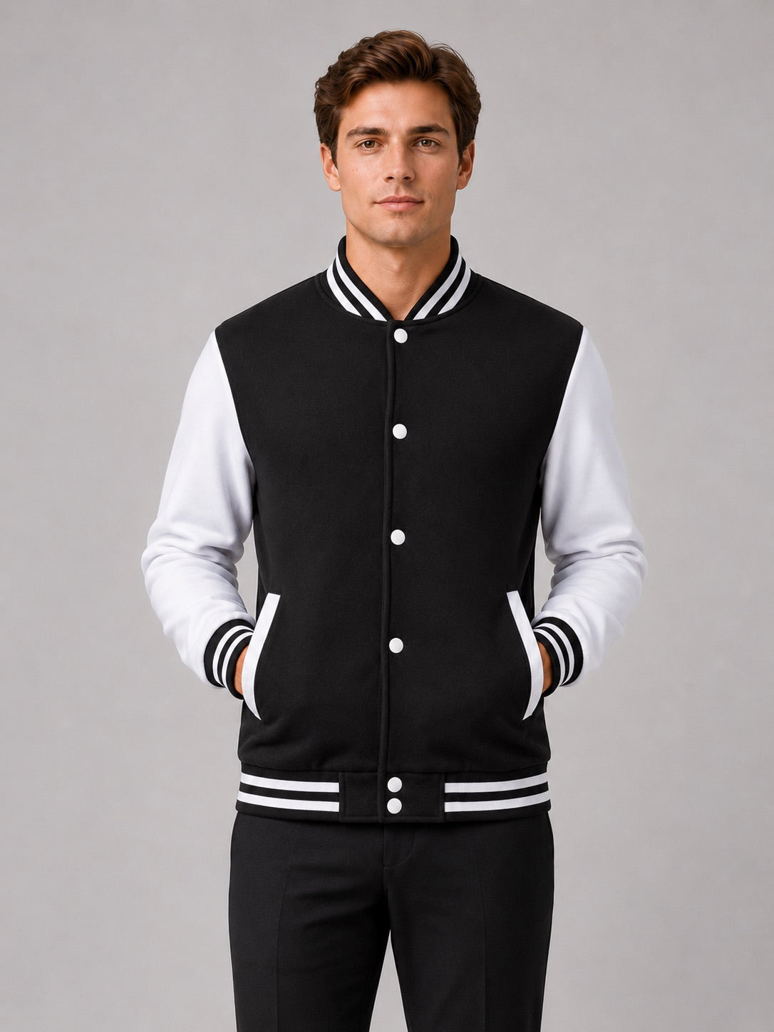 Men’s Varsity Jacket Fleece Lined Colour Block Button Front Autumn Winter Baseball Jacket for Casual and Everyday Wear