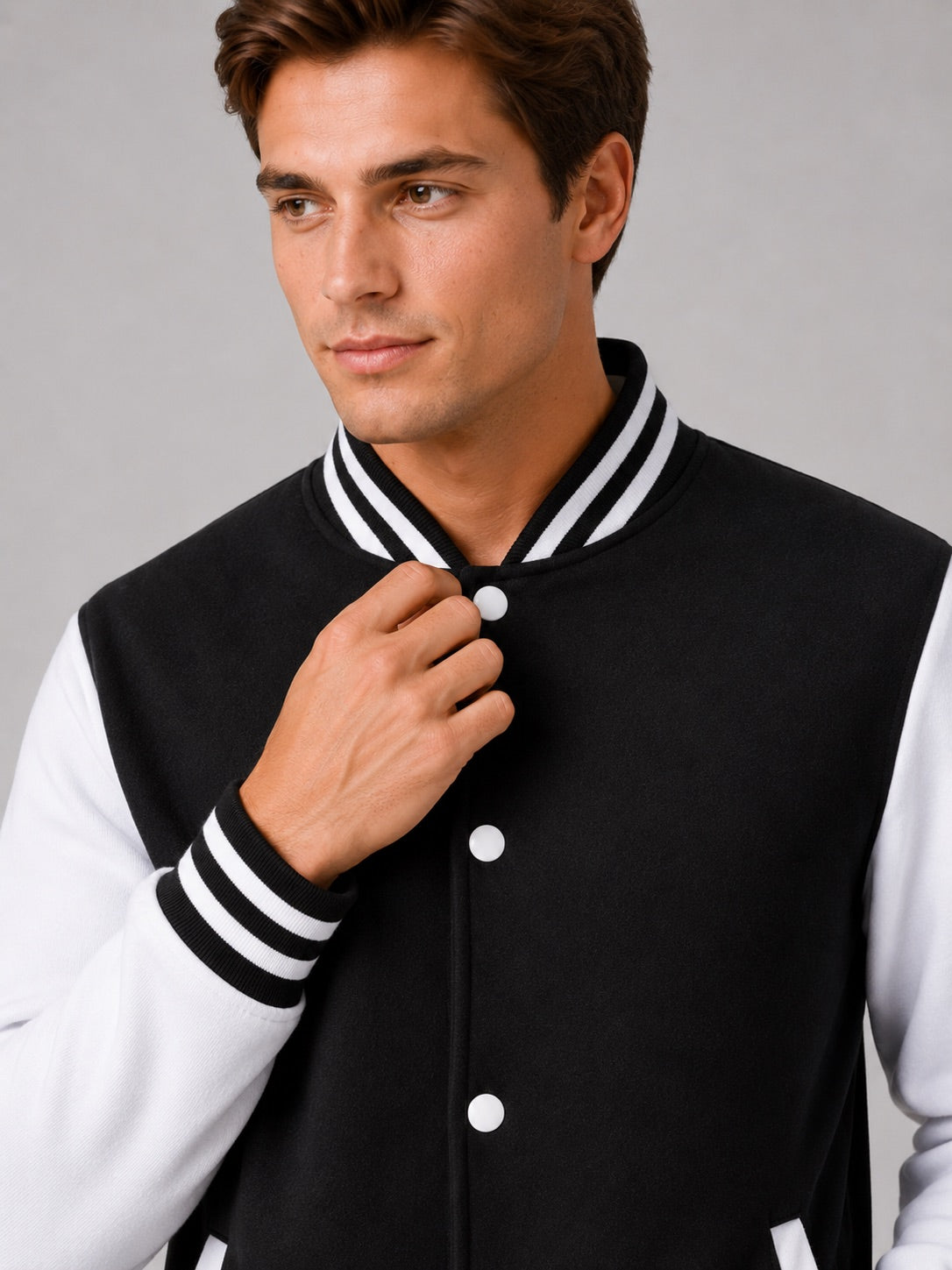 Men’s Varsity Jacket Fleece Lined Colour Block Button Front Autumn Winter Baseball Jacket for Casual and Everyday Wear