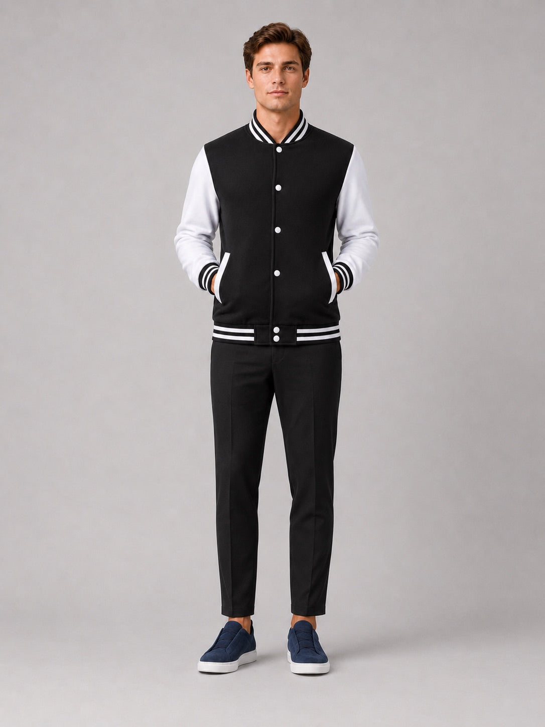 Men’s Varsity Jacket Fleece Lined Colour Block Button Front Autumn Winter Baseball Jacket for Casual and Everyday Wear
