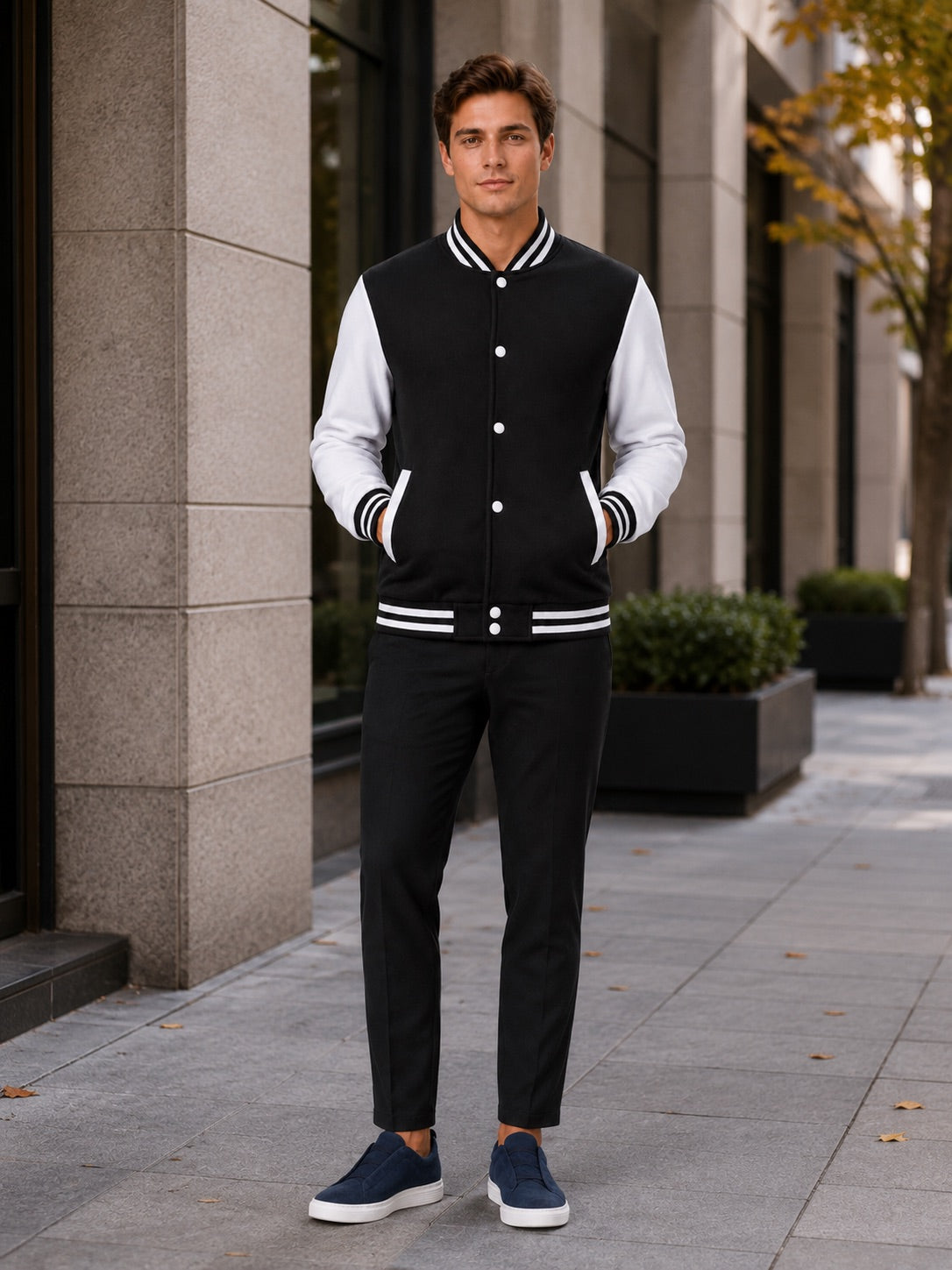 Men’s Varsity Jacket Fleece Lined Colour Block Button Front Autumn Winter Baseball Jacket for Casual and Everyday Wear