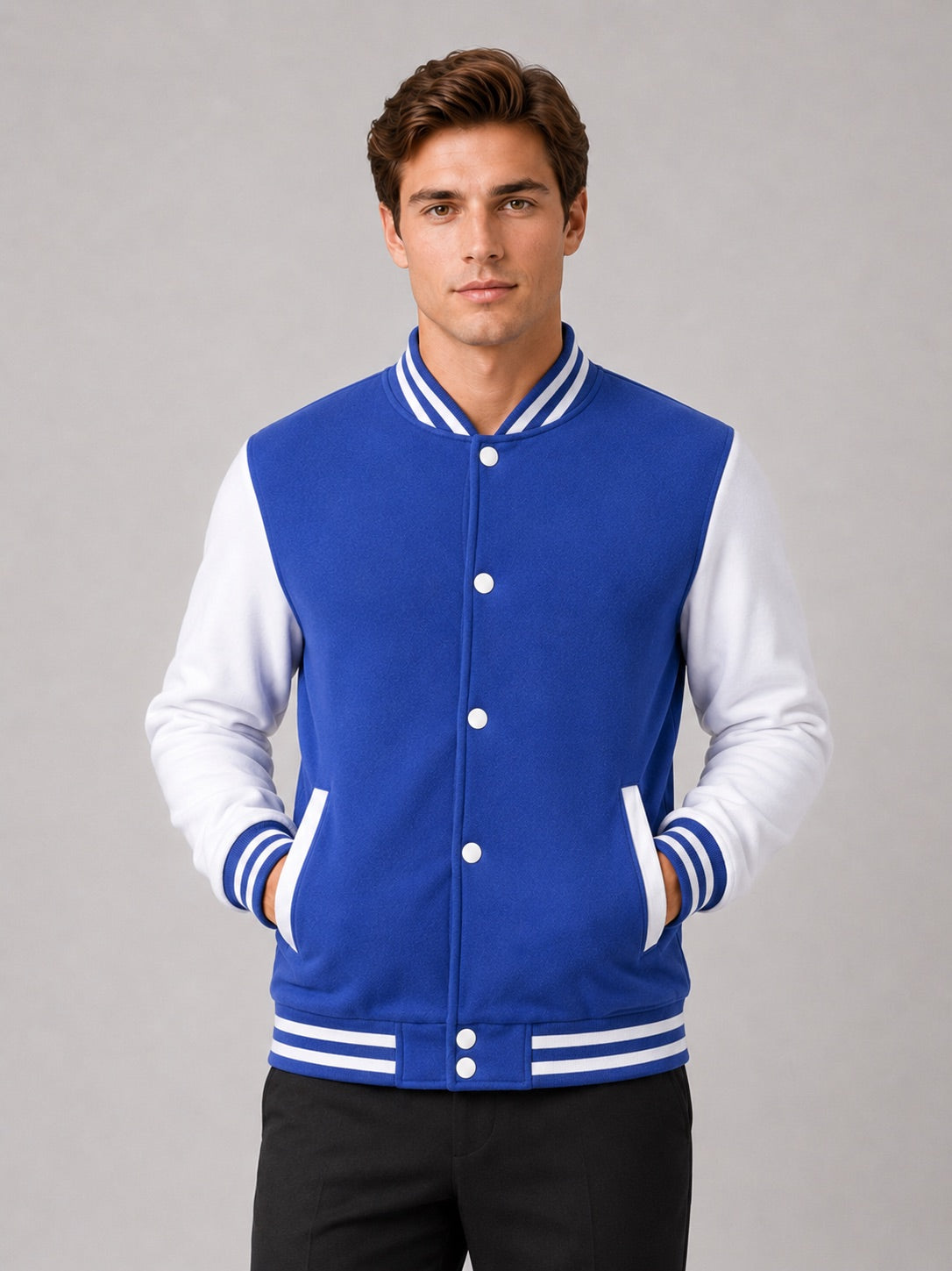 Men’s Varsity Jacket Fleece Lined Colour Block Button Front Autumn Winter Baseball Jacket for Casual and Everyday Wear