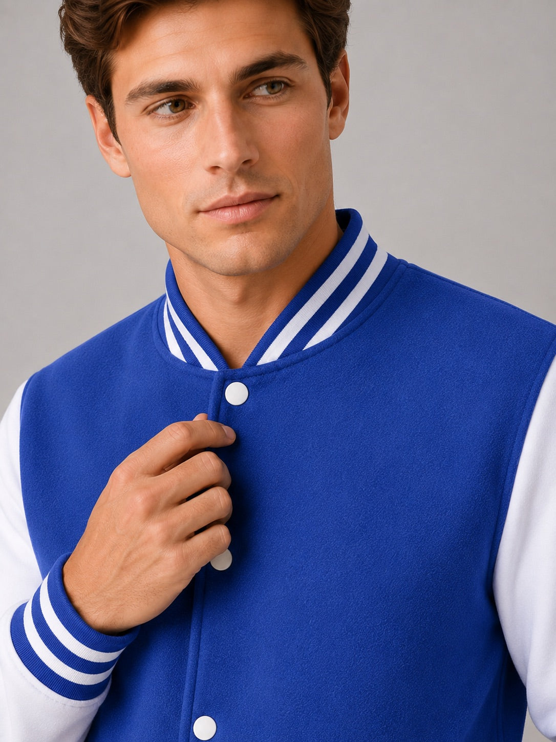 Men’s Varsity Jacket Fleece Lined Colour Block Button Front Autumn Winter Baseball Jacket for Casual and Everyday Wear