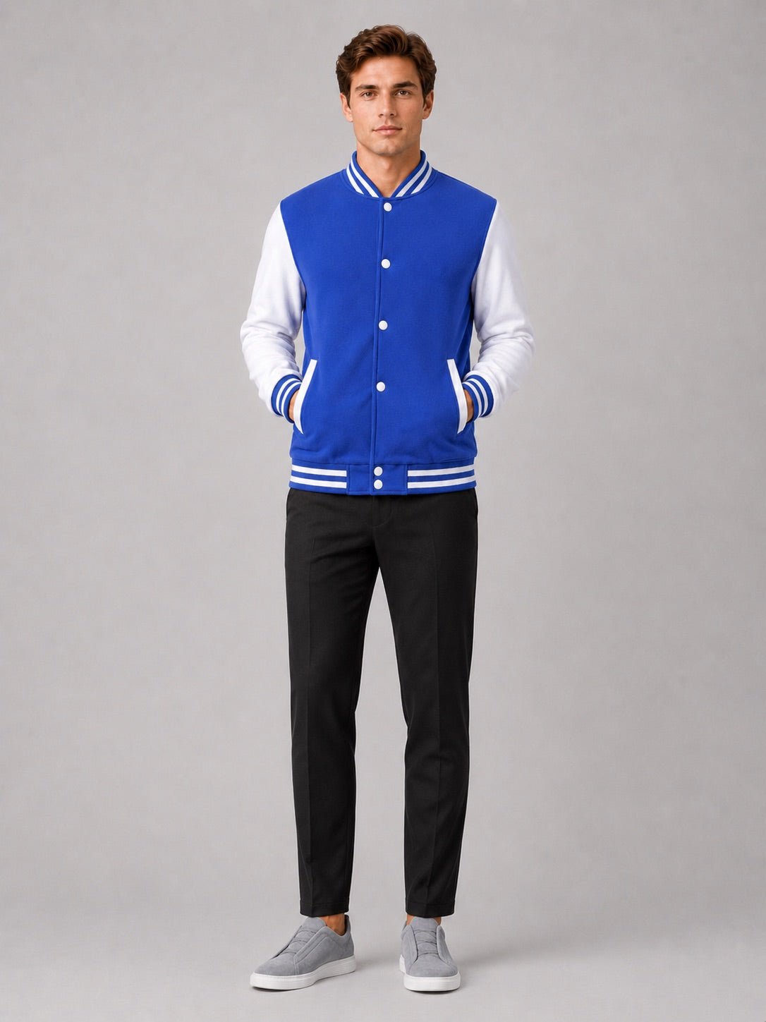 Men’s Varsity Jacket Fleece Lined Colour Block Button Front Autumn Winter Baseball Jacket for Casual and Everyday Wear