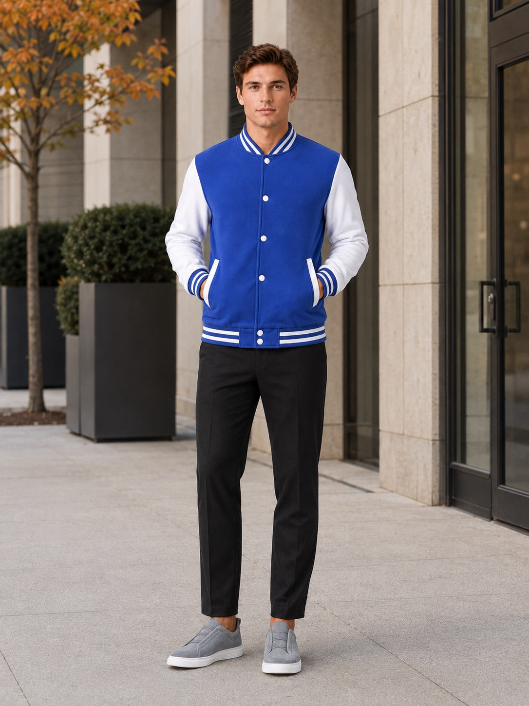 Men’s Varsity Jacket Fleece Lined Colour Block Button Front Autumn Winter Baseball Jacket for Casual and Everyday Wear
