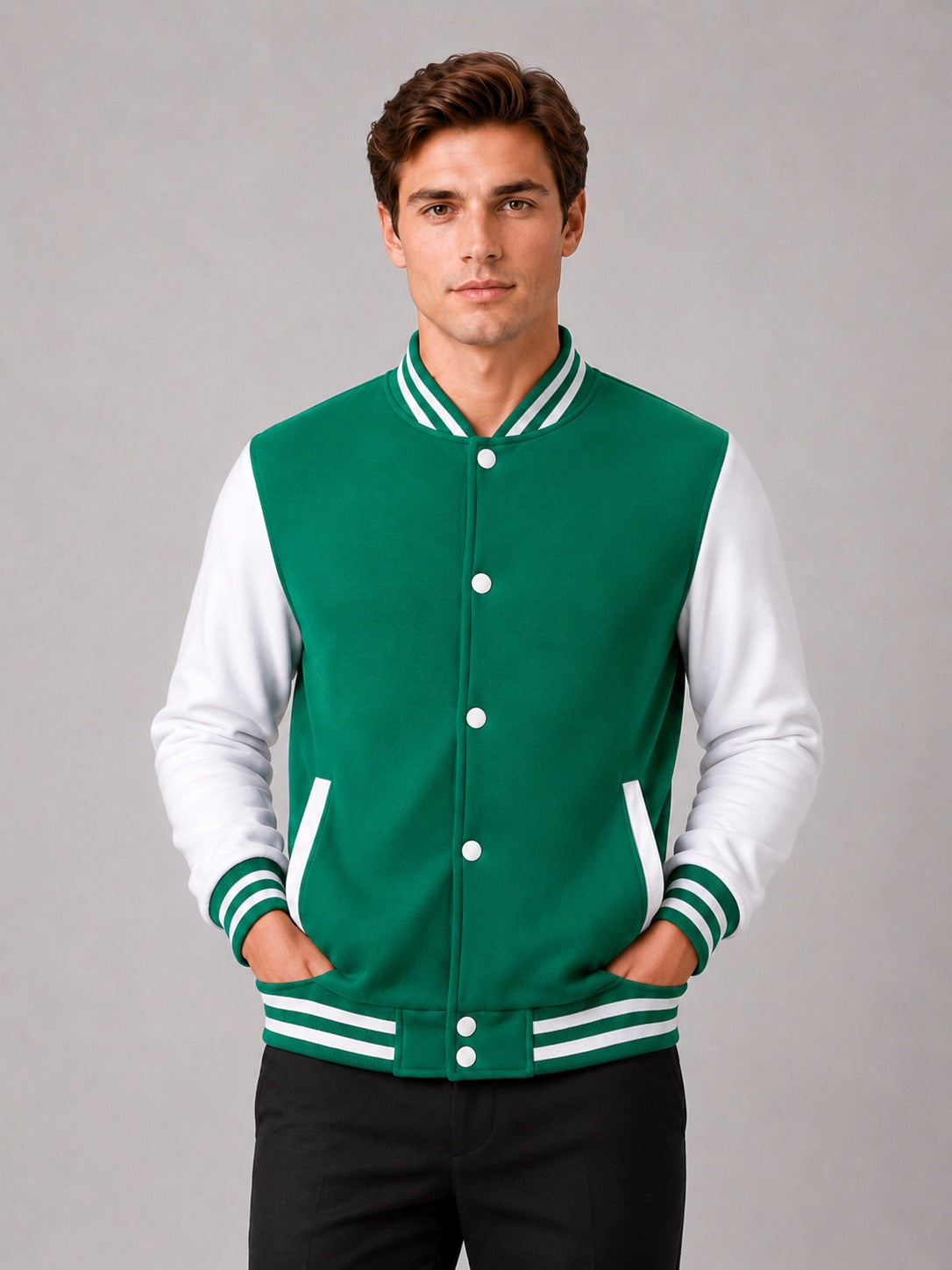 Men’s Varsity Jacket Fleece Lined Colour Block Button Front Autumn Winter Baseball Jacket for Casual and Everyday Wear