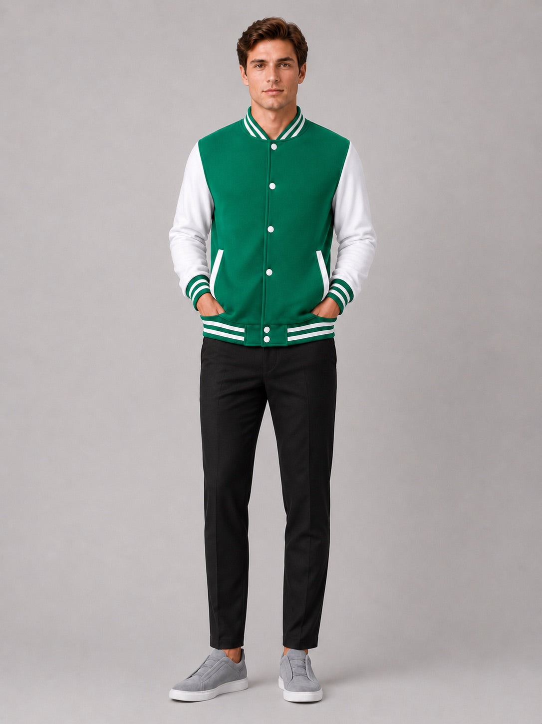 Men’s Varsity Jacket Fleece Lined Colour Block Button Front Autumn Winter Baseball Jacket for Casual and Everyday Wear