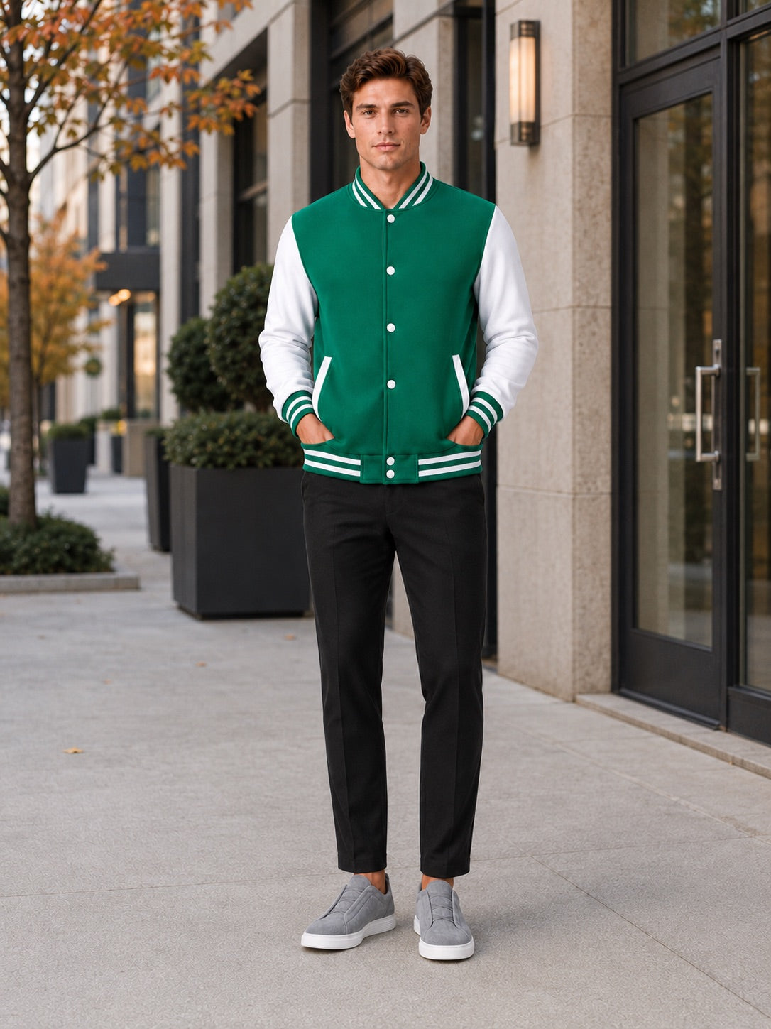 Men’s Varsity Jacket Fleece Lined Colour Block Button Front Autumn Winter Baseball Jacket for Casual and Everyday Wear