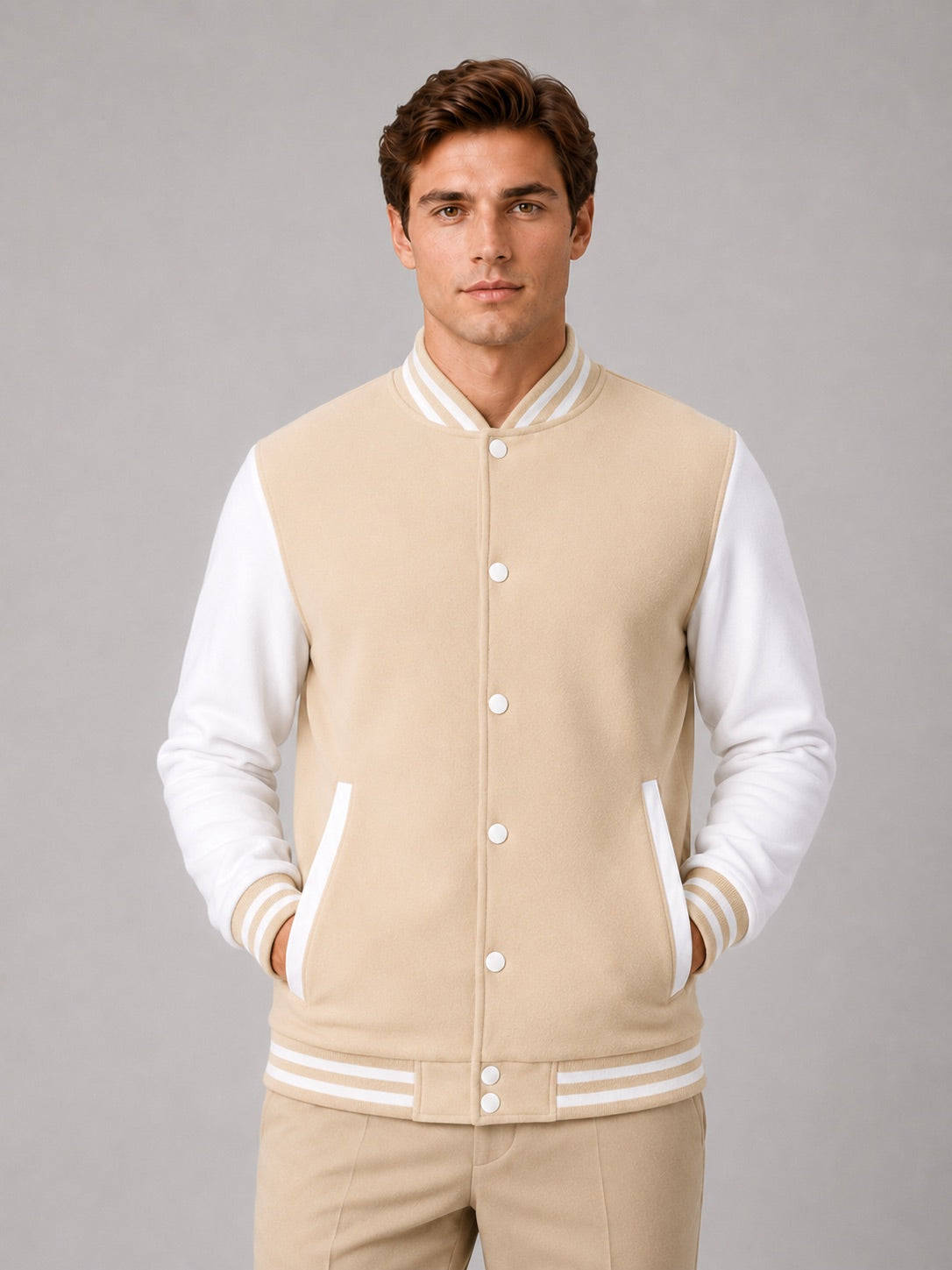 Men’s Varsity Jacket Fleece Lined Colour Block Button Front Autumn Winter Baseball Jacket for Casual and Everyday Wear