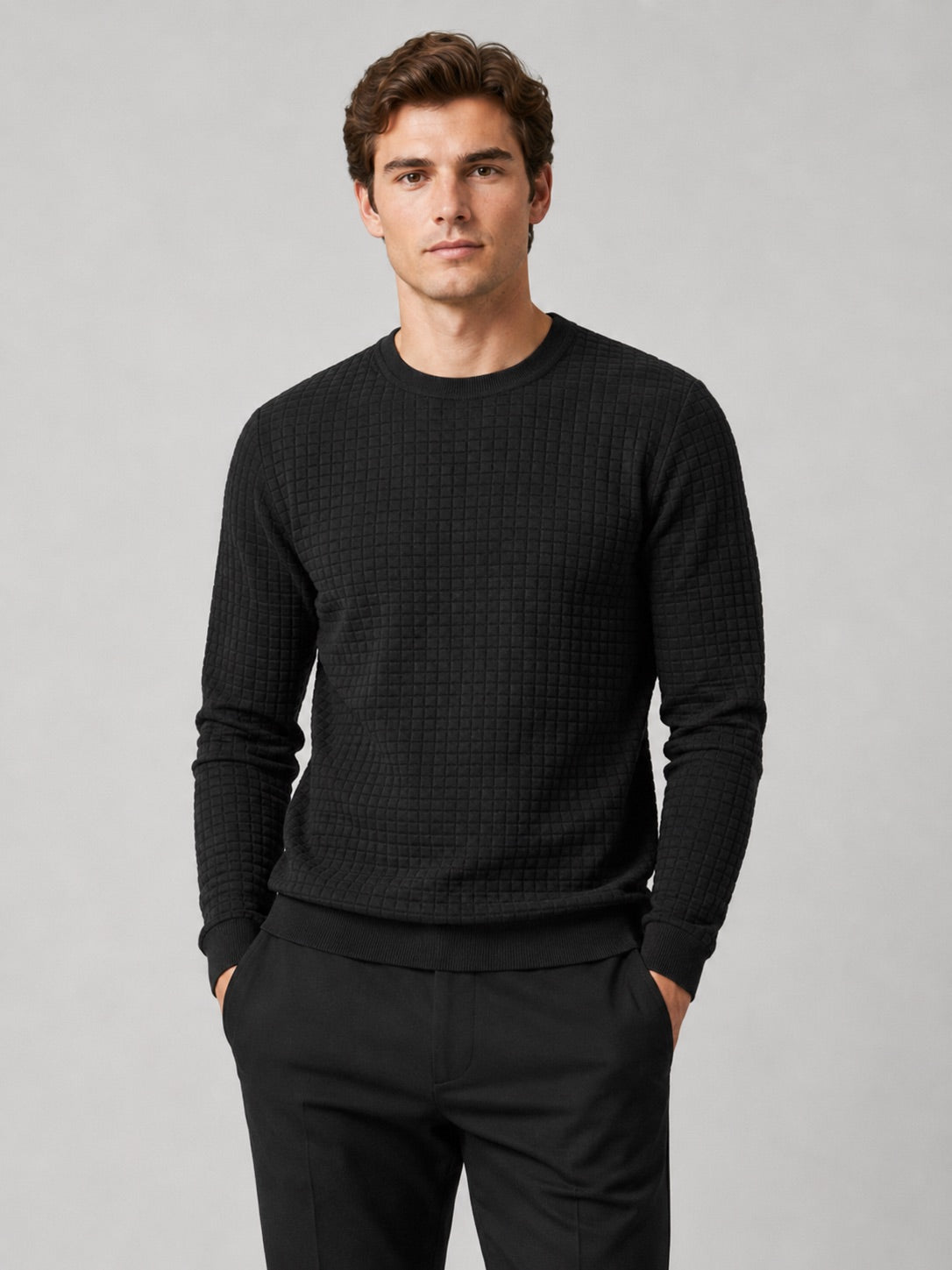 Men’s Jacquard Crew Neck Jumper Slim Fit Long Sleeve Warm Autumn Winter Pullover for Casual and Everyday Wear