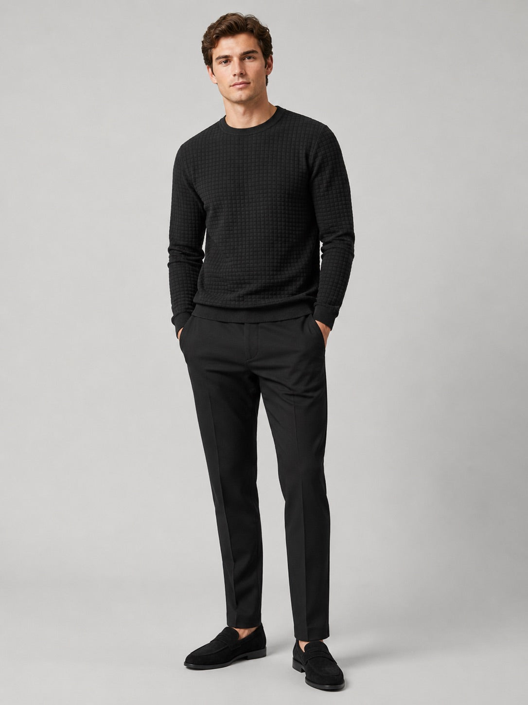 Men’s Jacquard Crew Neck Jumper Slim Fit Long Sleeve Warm Autumn Winter Pullover for Casual and Everyday Wear