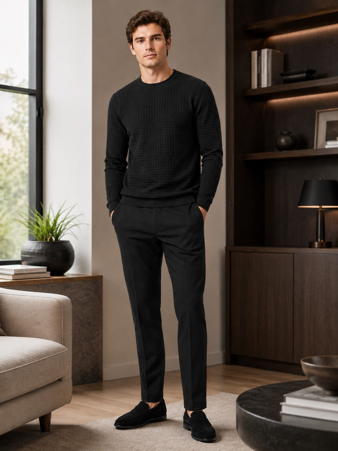 Men’s Jacquard Crew Neck Jumper Slim Fit Long Sleeve Warm Autumn Winter Pullover for Casual and Everyday Wear