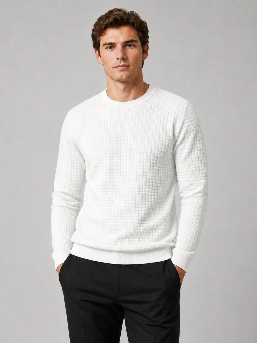 Men’s Jacquard Crew Neck Jumper Slim Fit Long Sleeve Warm Autumn Winter Pullover for Casual and Everyday Wear