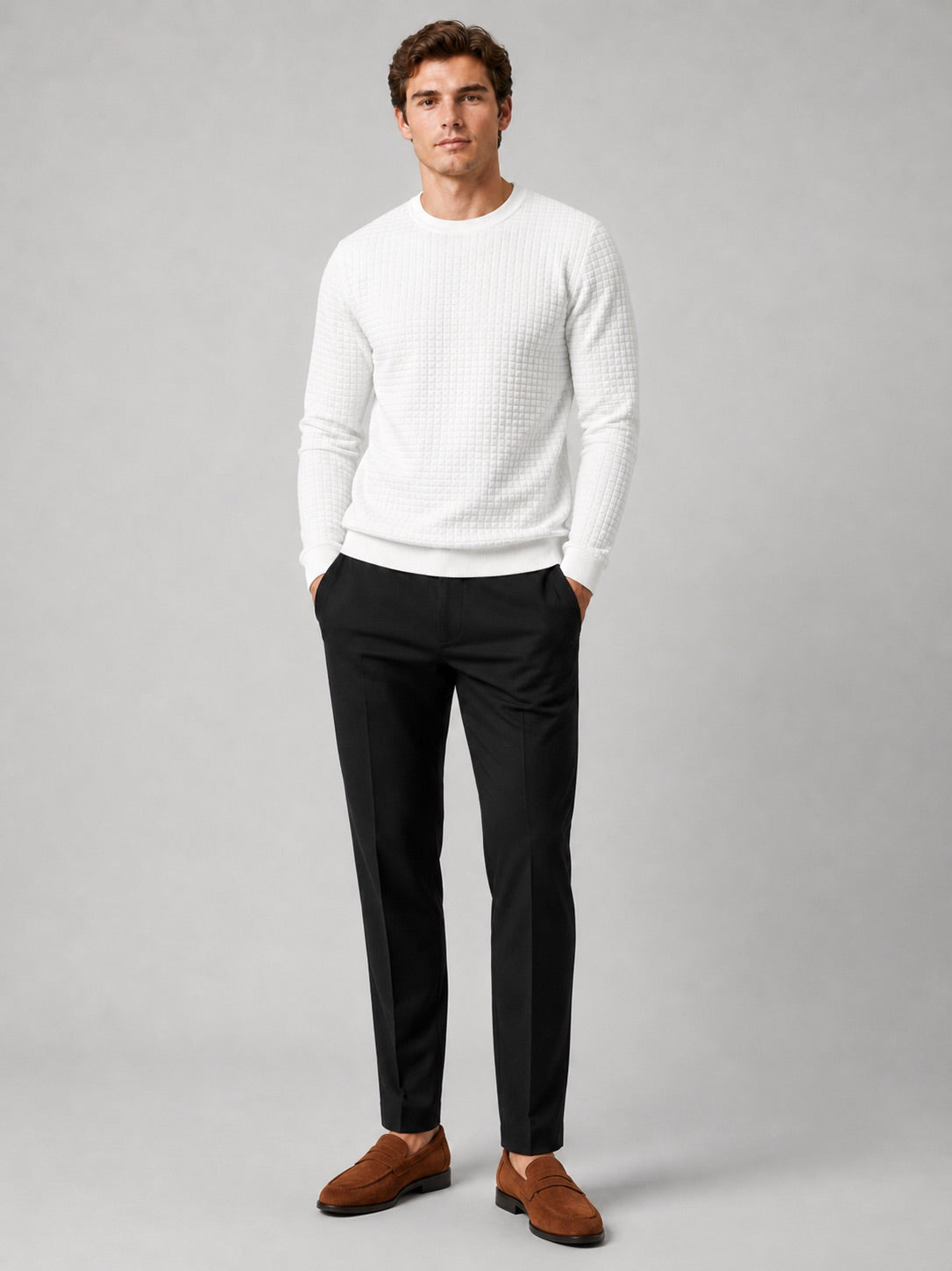 Men’s Jacquard Crew Neck Jumper Slim Fit Long Sleeve Warm Autumn Winter Pullover for Casual and Everyday Wear