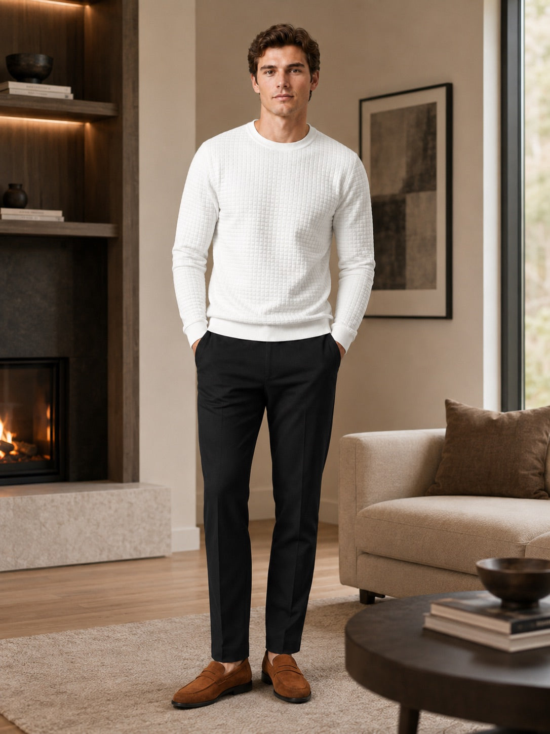 Men’s Jacquard Crew Neck Jumper Slim Fit Long Sleeve Warm Autumn Winter Pullover for Casual and Everyday Wear