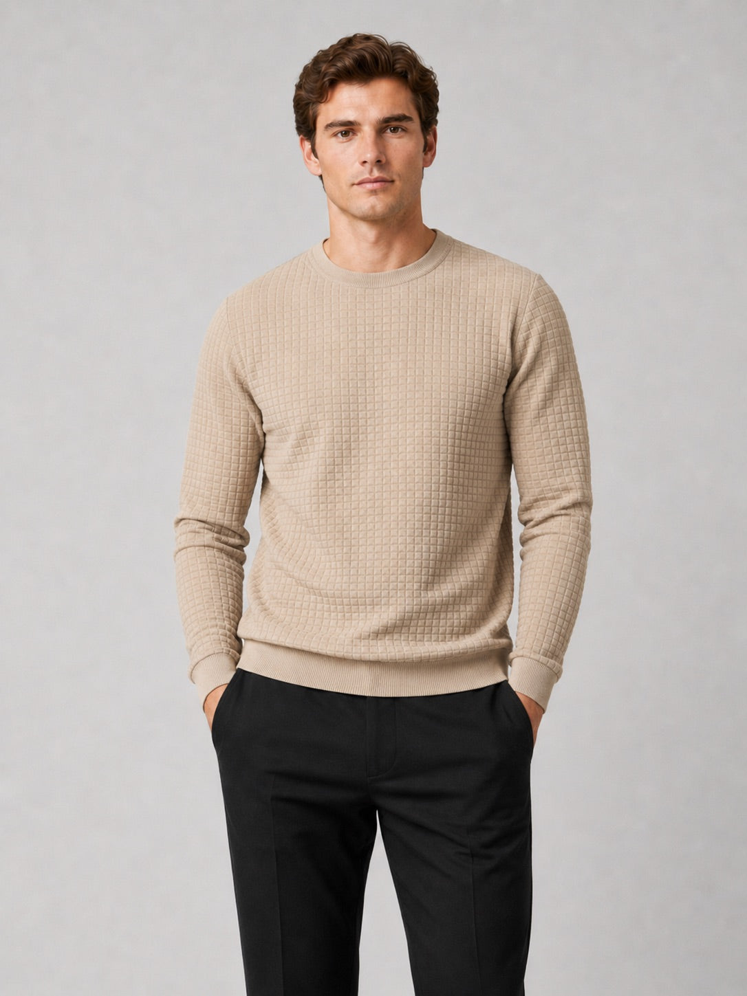Men’s Jacquard Crew Neck Jumper Slim Fit Long Sleeve Warm Autumn Winter Pullover for Casual and Everyday Wear