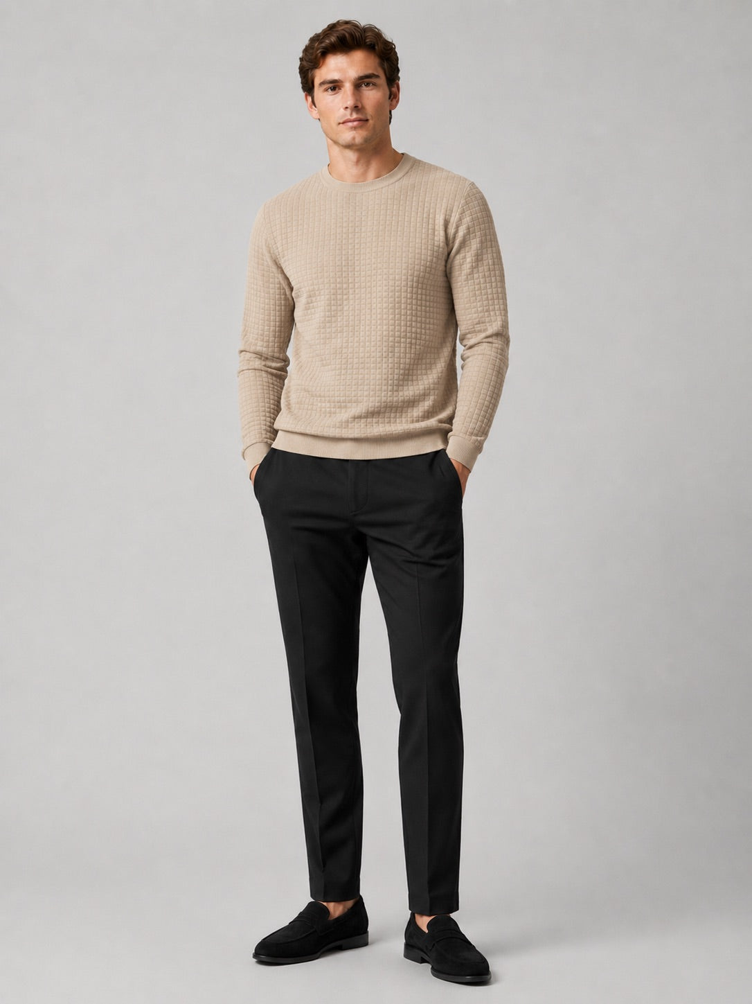 Men’s Jacquard Crew Neck Jumper Slim Fit Long Sleeve Warm Autumn Winter Pullover for Casual and Everyday Wear