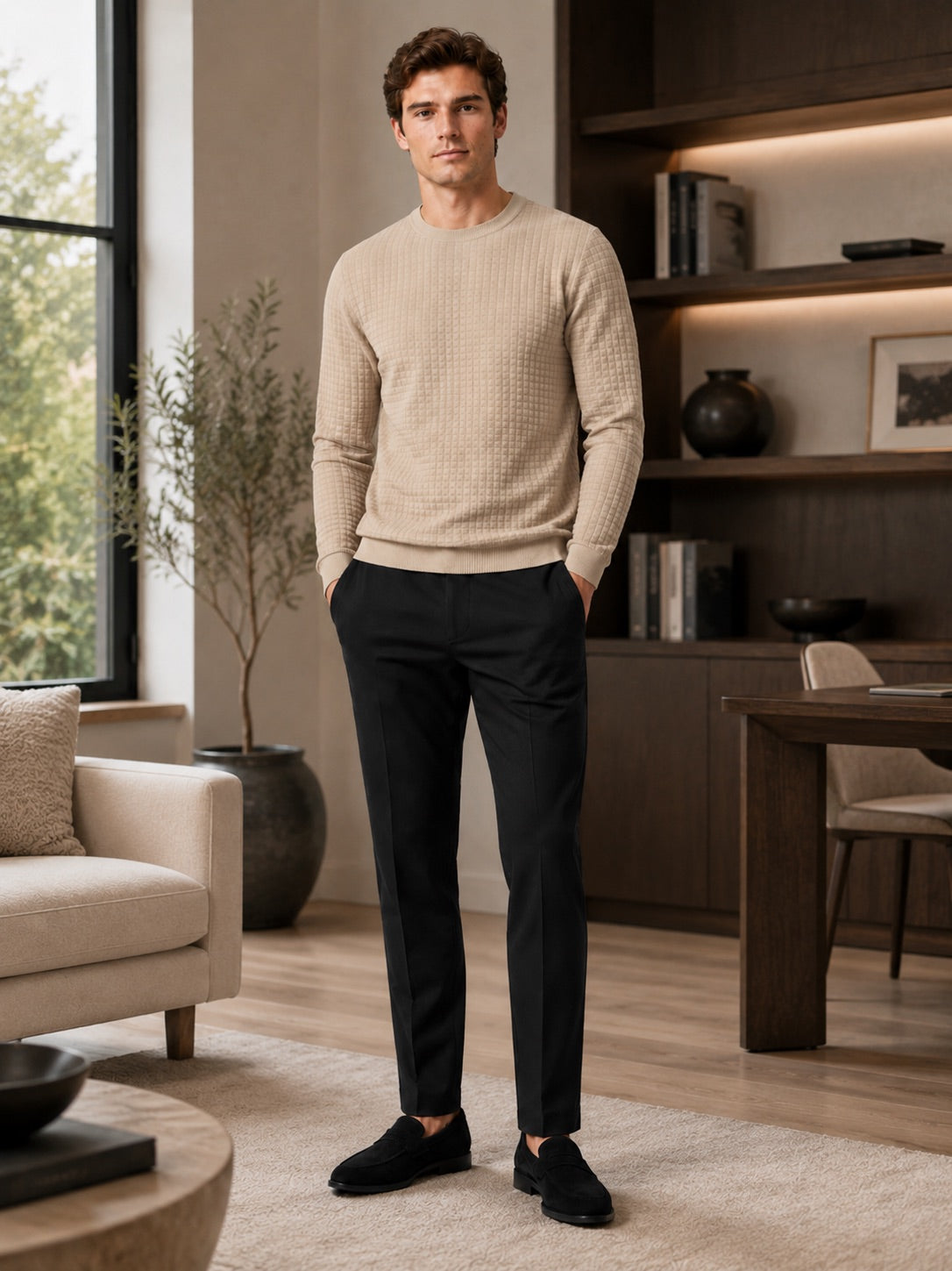 Men’s Jacquard Crew Neck Jumper Slim Fit Long Sleeve Warm Autumn Winter Pullover for Casual and Everyday Wear