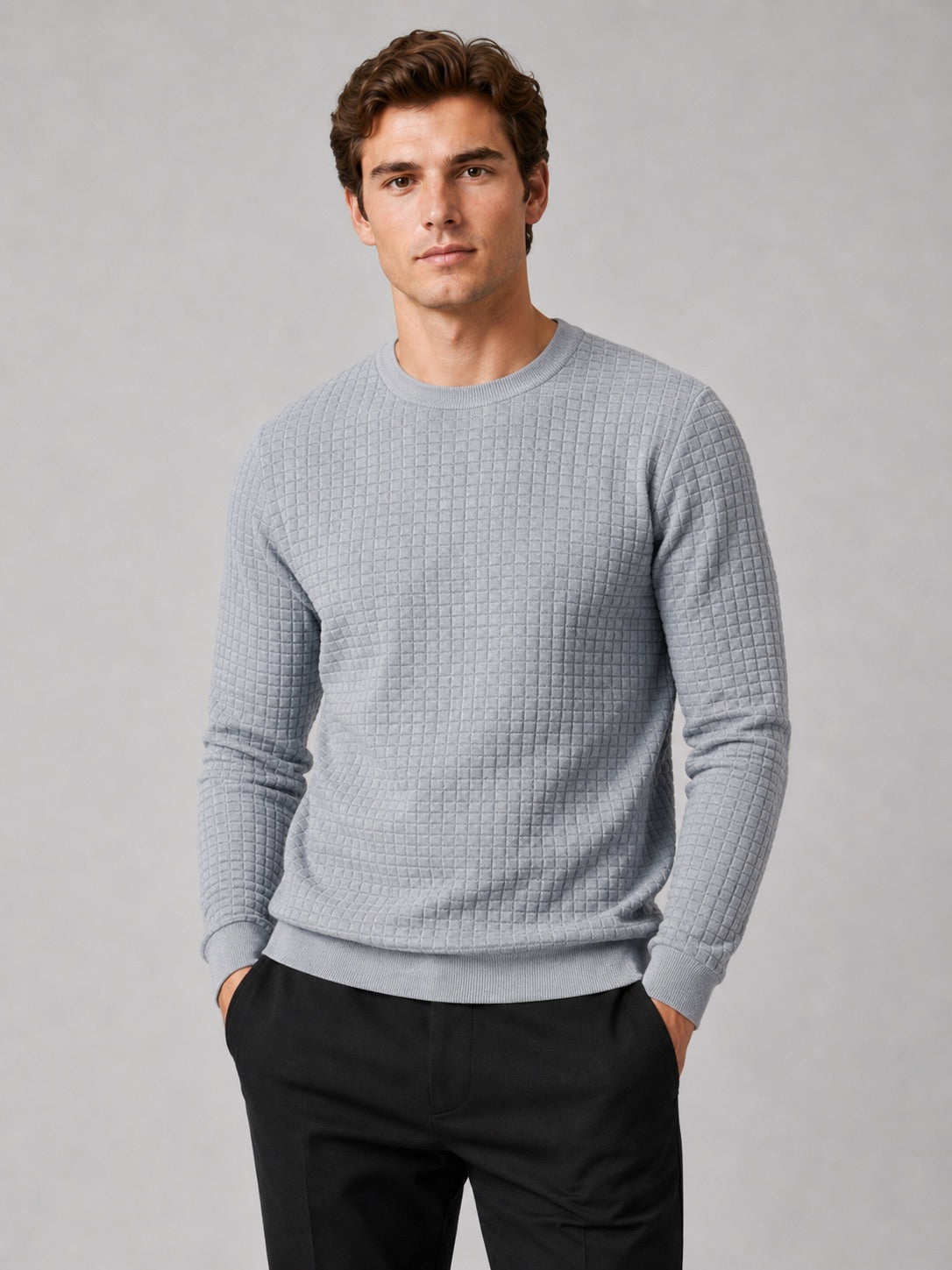 Men’s Jacquard Crew Neck Jumper Slim Fit Long Sleeve Warm Autumn Winter Pullover for Casual and Everyday Wear