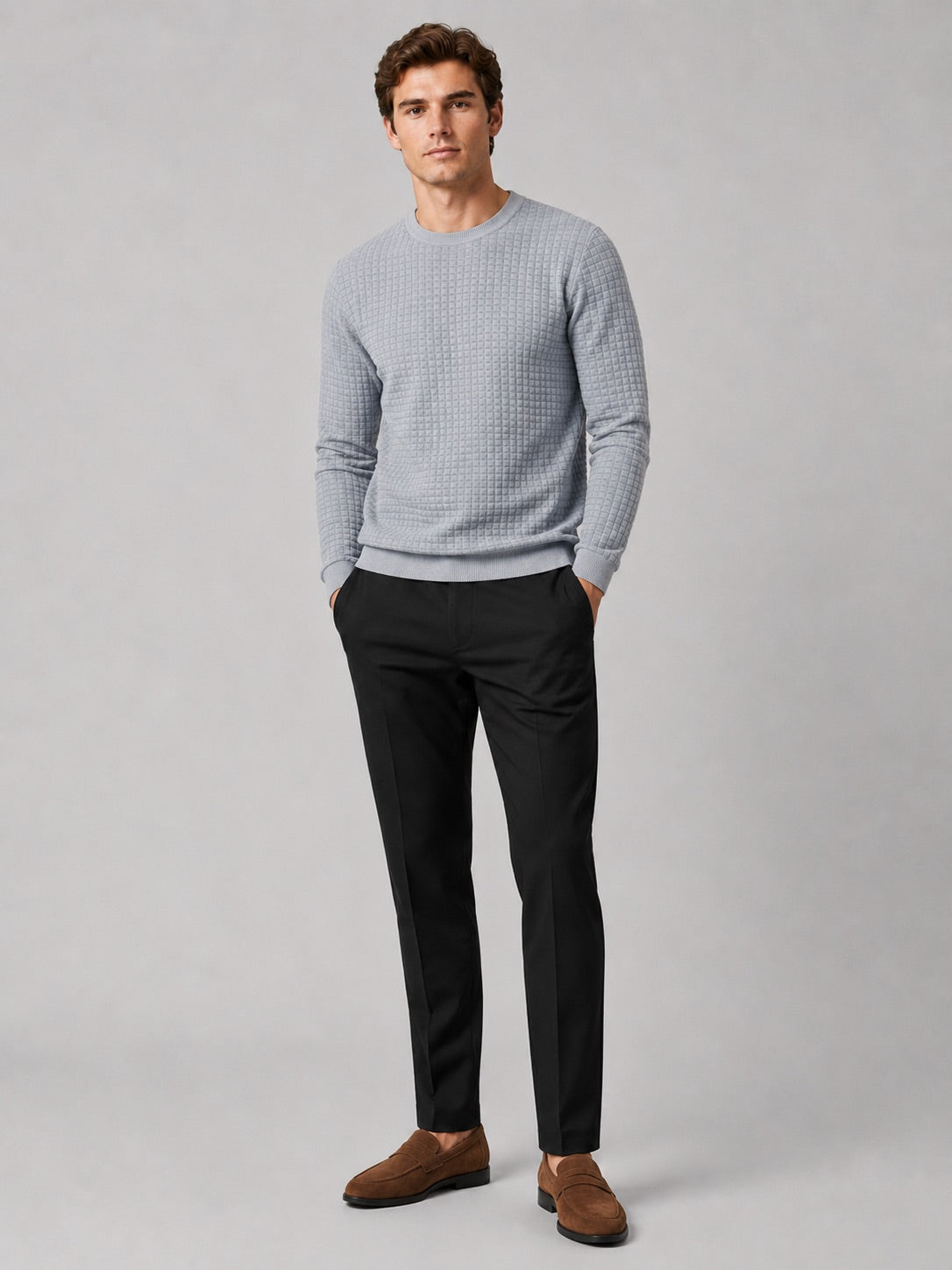 Men’s Jacquard Crew Neck Jumper Slim Fit Long Sleeve Warm Autumn Winter Pullover for Casual and Everyday Wear
