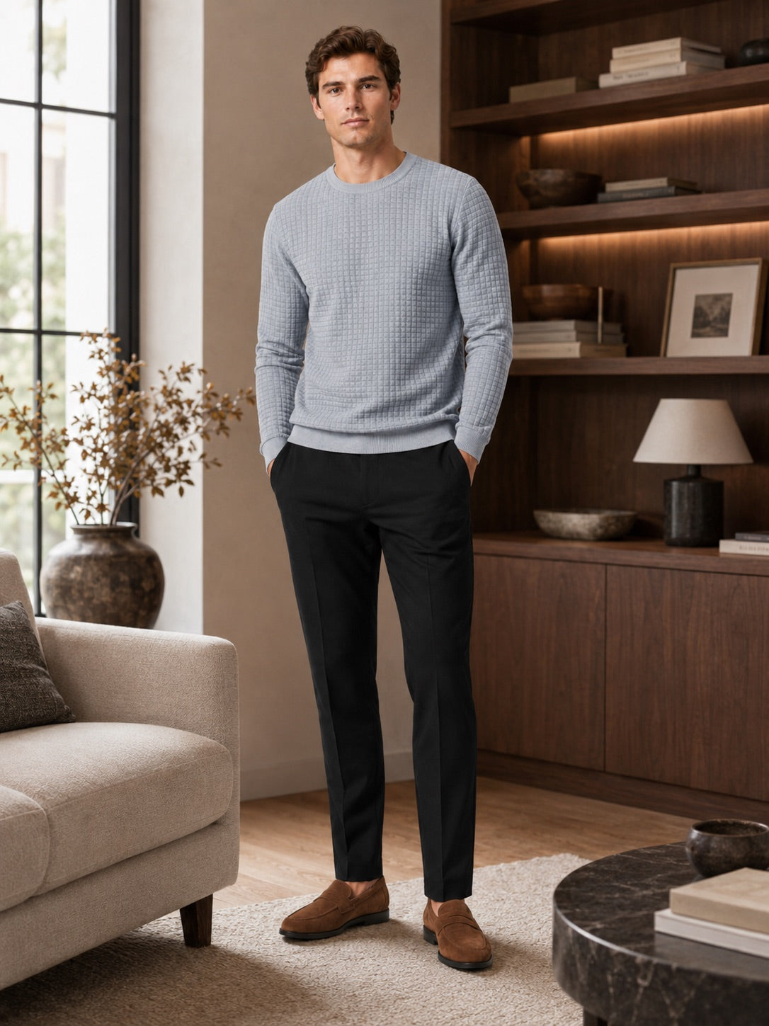 Men’s Jacquard Crew Neck Jumper Slim Fit Long Sleeve Warm Autumn Winter Pullover for Casual and Everyday Wear