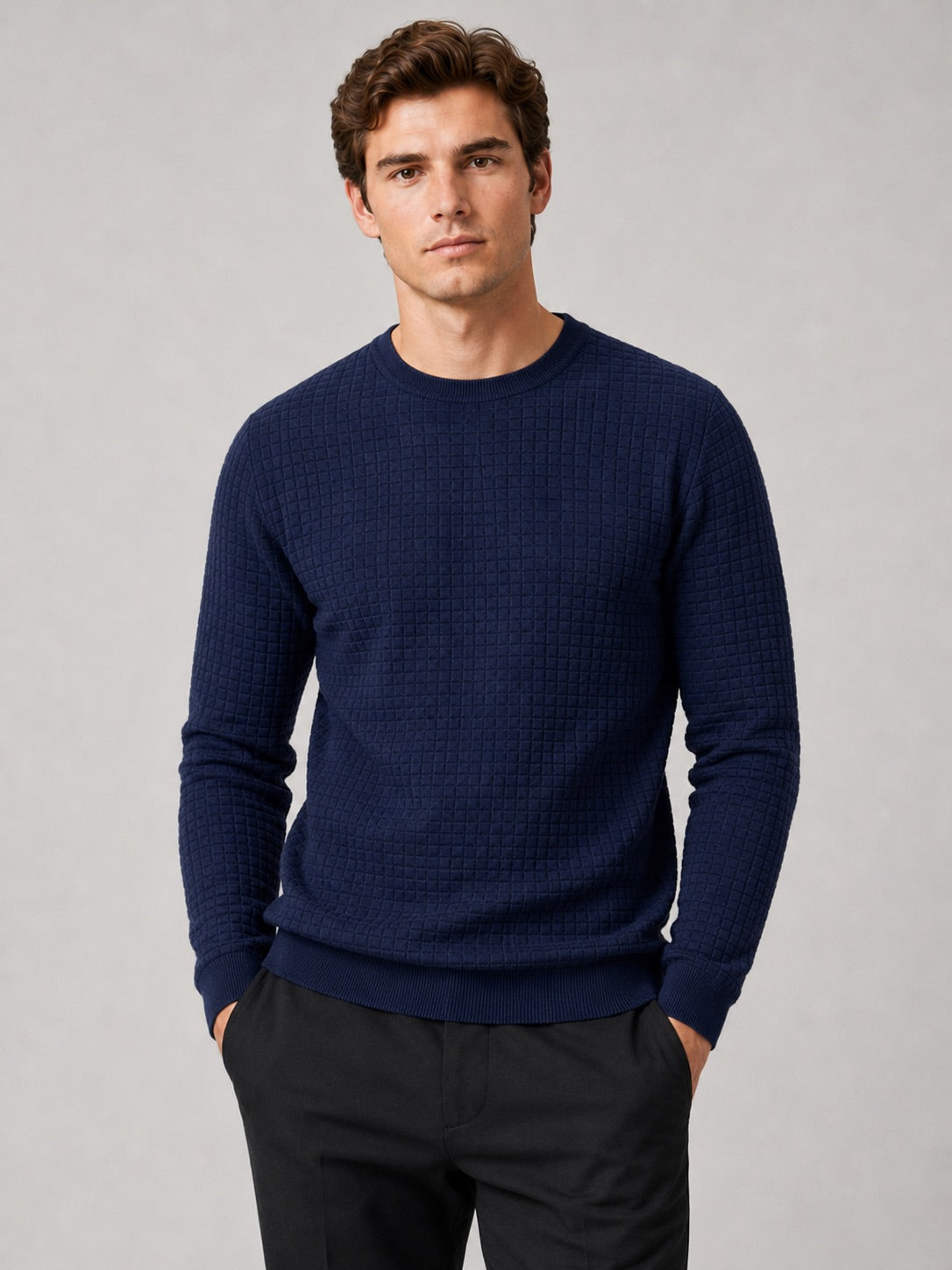Men’s Jacquard Crew Neck Jumper Slim Fit Long Sleeve Warm Autumn Winter Pullover for Casual and Everyday Wear