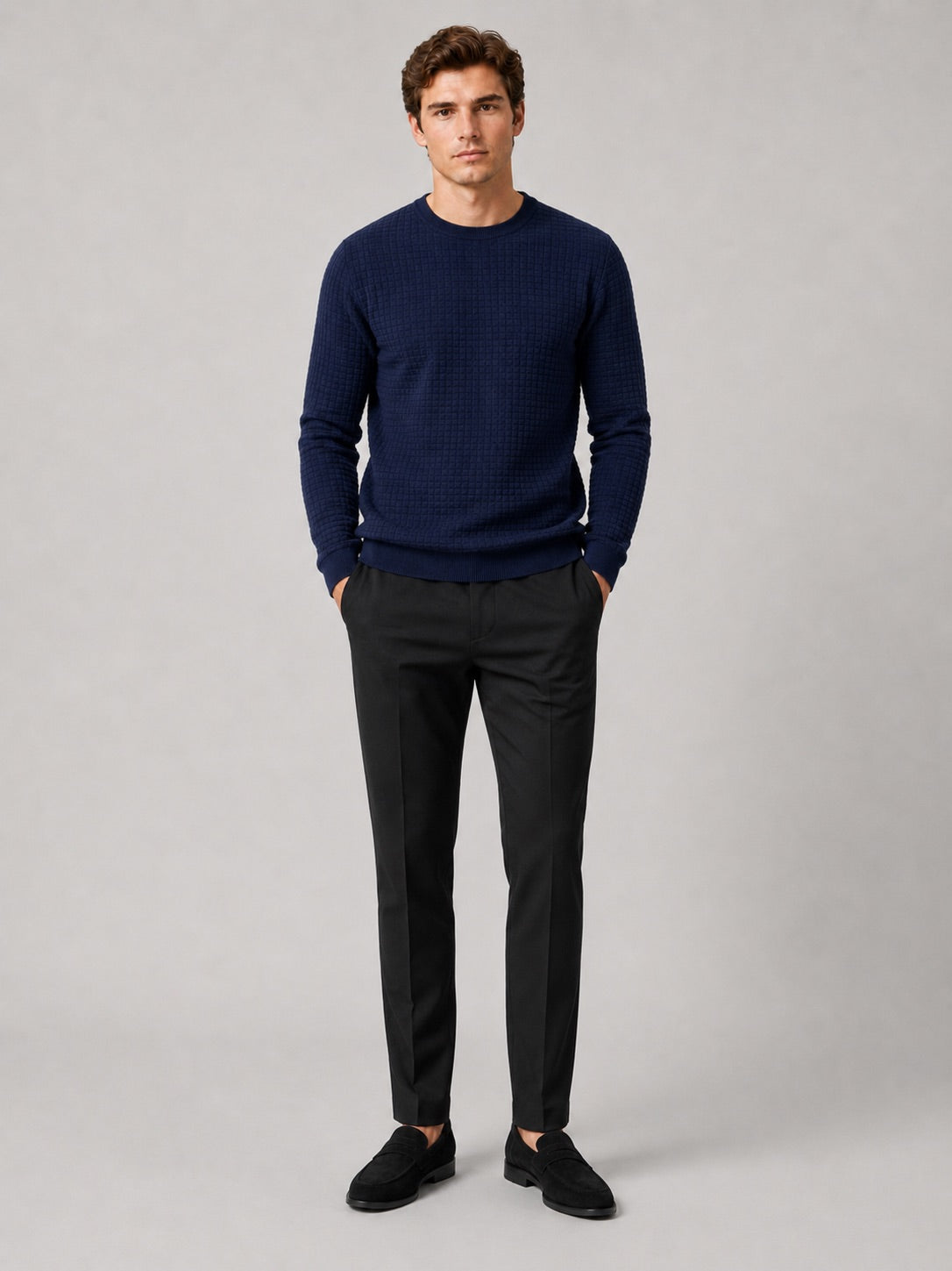 Men’s Jacquard Crew Neck Jumper Slim Fit Long Sleeve Warm Autumn Winter Pullover for Casual and Everyday Wear
