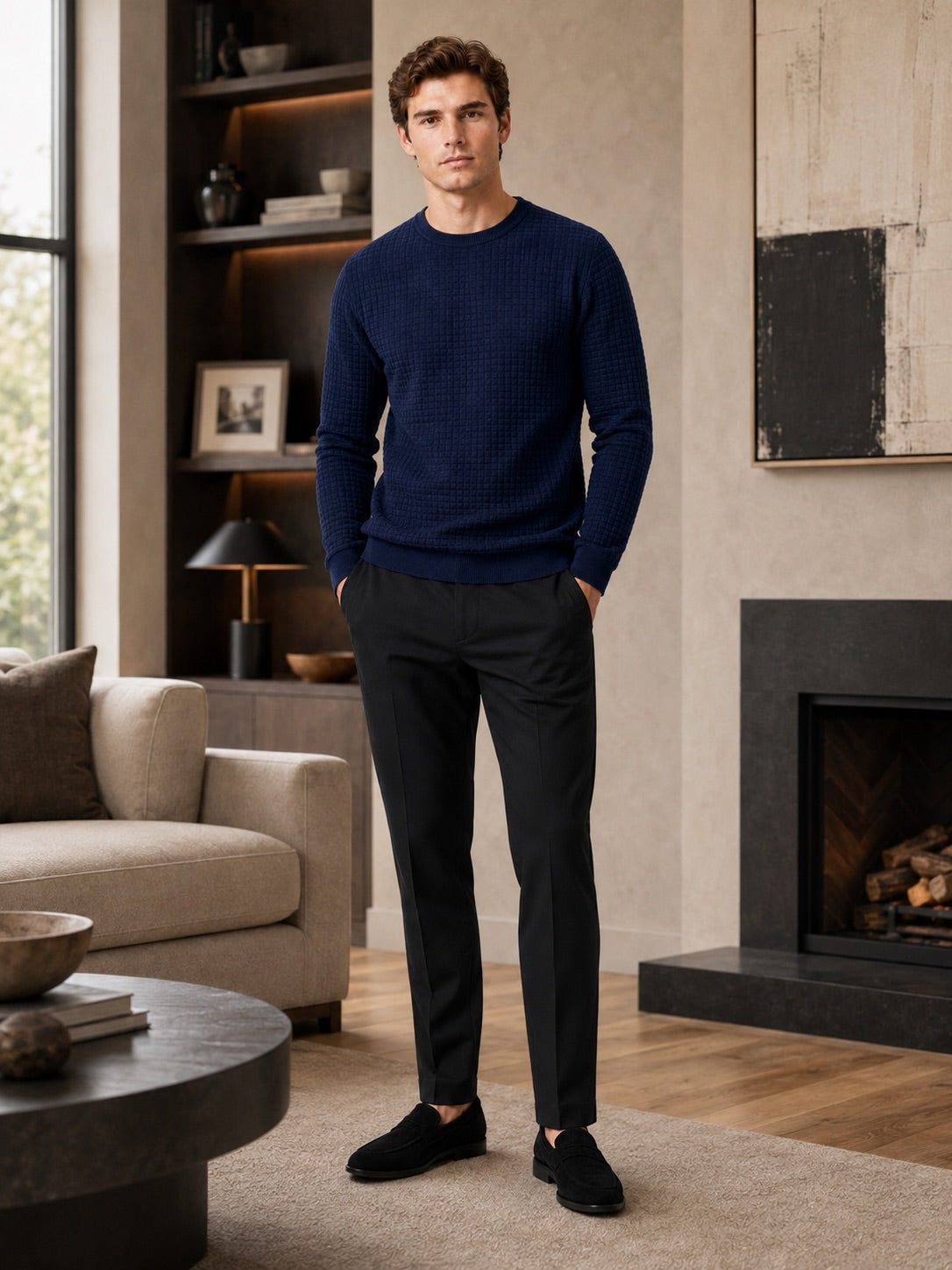 Men’s Jacquard Crew Neck Jumper Slim Fit Long Sleeve Warm Autumn Winter Pullover for Casual and Everyday Wear