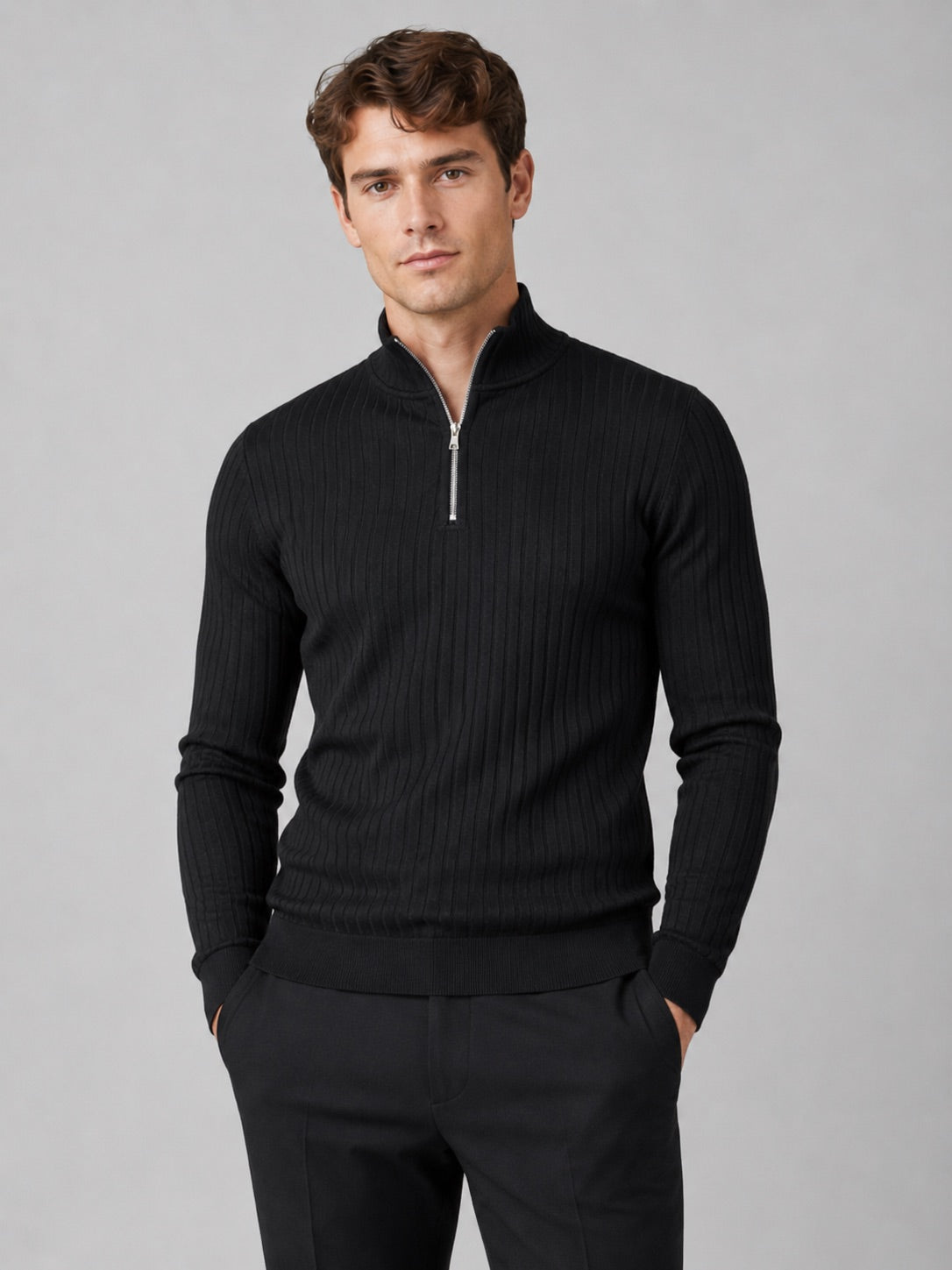 Men’s Quarter Zip Jumper Mock Neck Long Sleeve Knit Autumn Winter Pullover for Business Casual and Everyday Wear