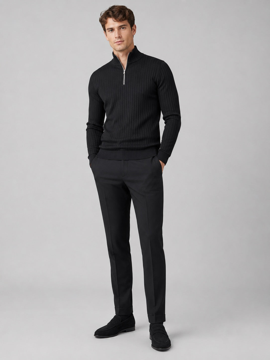 Men’s Quarter Zip Jumper Mock Neck Long Sleeve Knit Autumn Winter Pullover for Business Casual and Everyday Wear