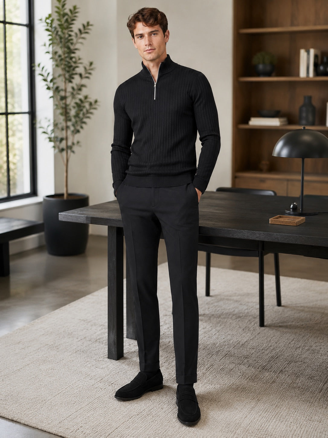 Men’s Quarter Zip Jumper Mock Neck Long Sleeve Knit Autumn Winter Pullover for Business Casual and Everyday Wear