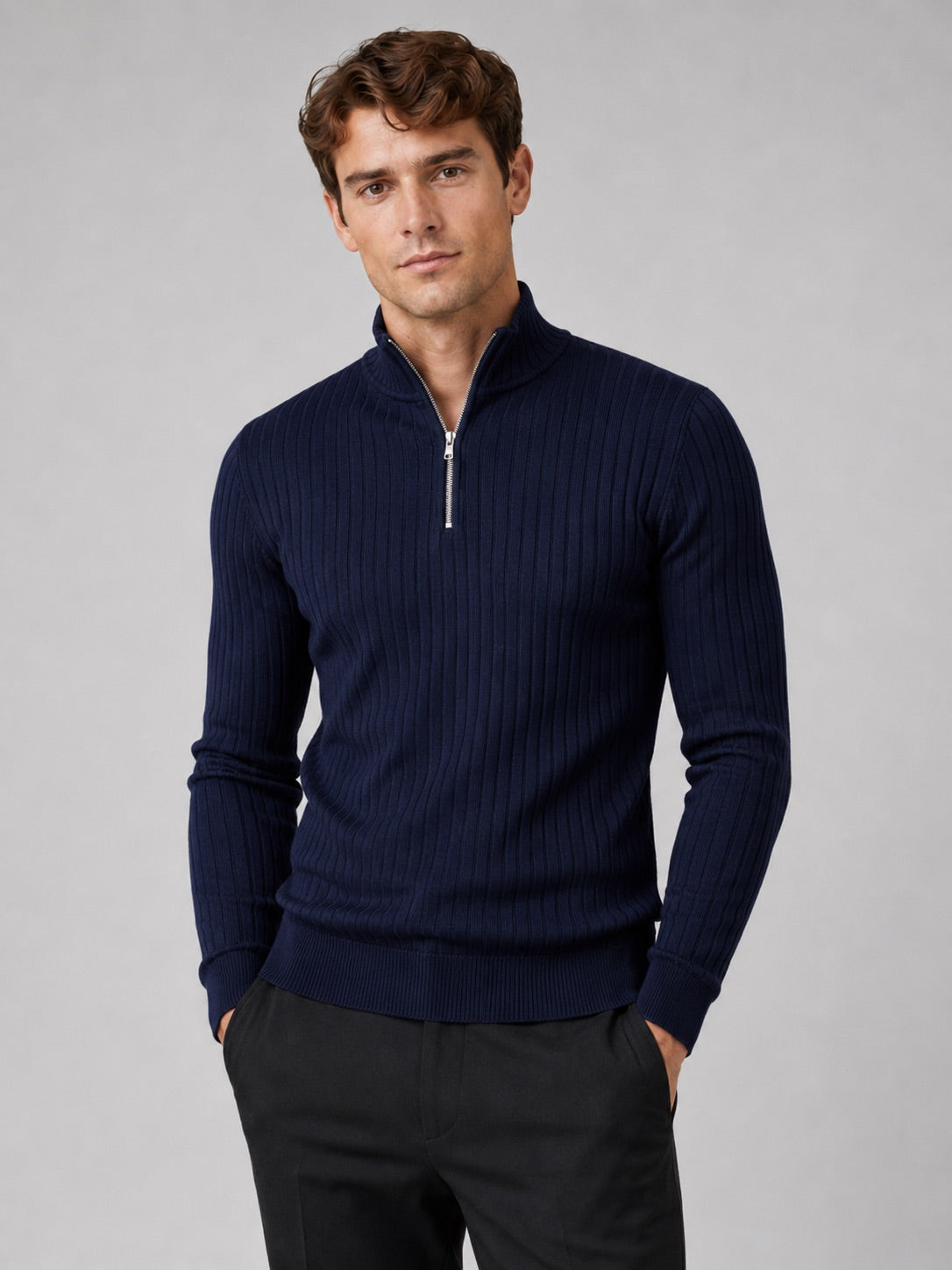 Men’s Quarter Zip Jumper Mock Neck Long Sleeve Knit Autumn Winter Pullover for Business Casual and Everyday Wear